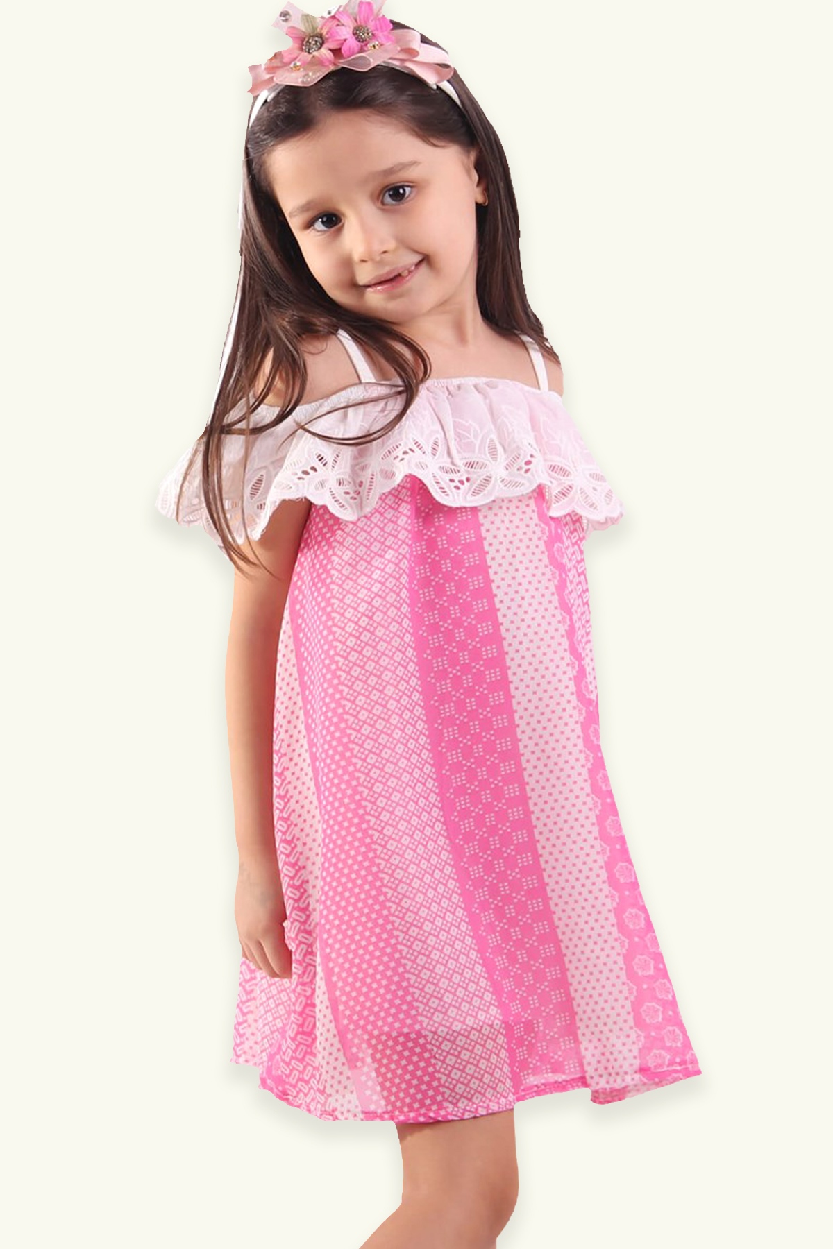Breeze Kız Çocuk Elbise Güpürlü Şifon Pembe-Ekru (9-12 Yaş)