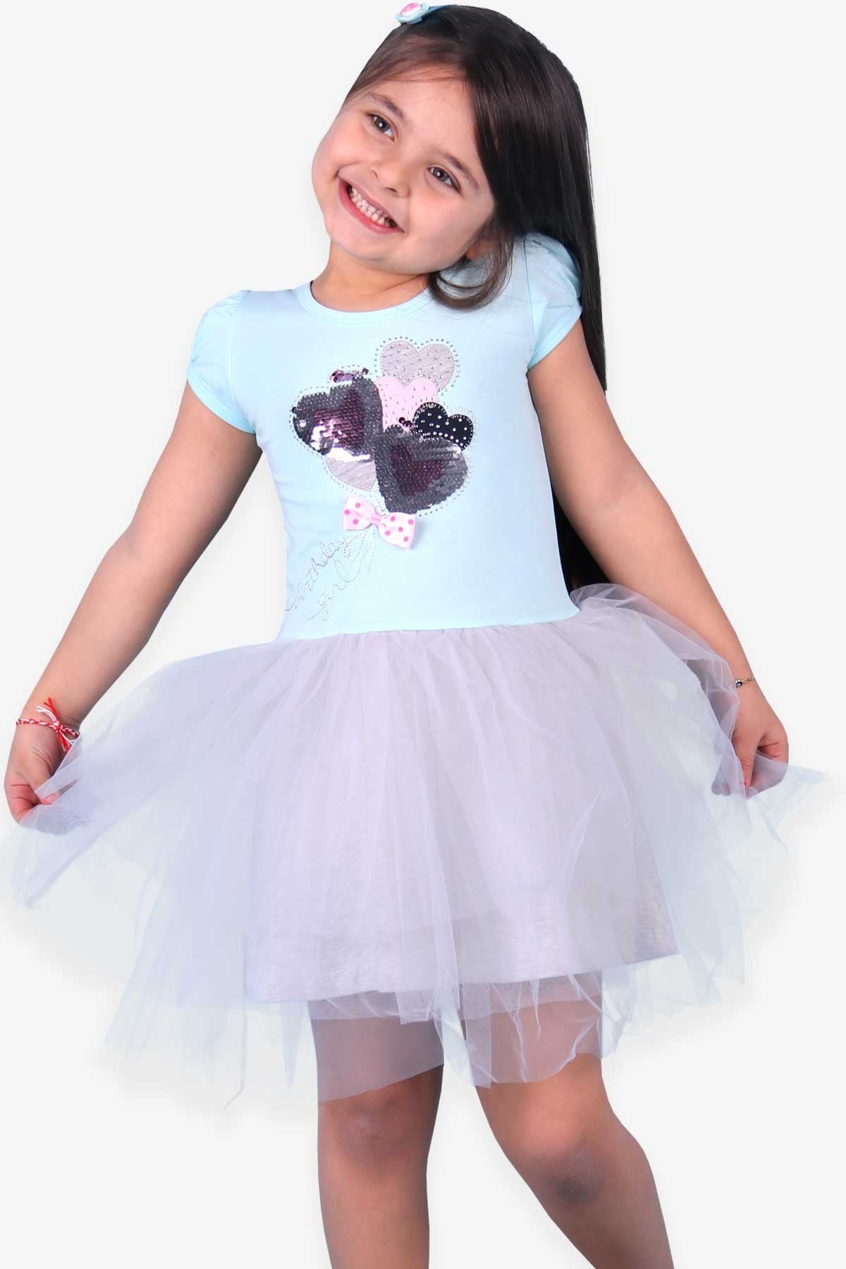 Breeze Kız Çocuk Elbise Kalp Pullu Tütü Turkuaz (5-10 Yaş)