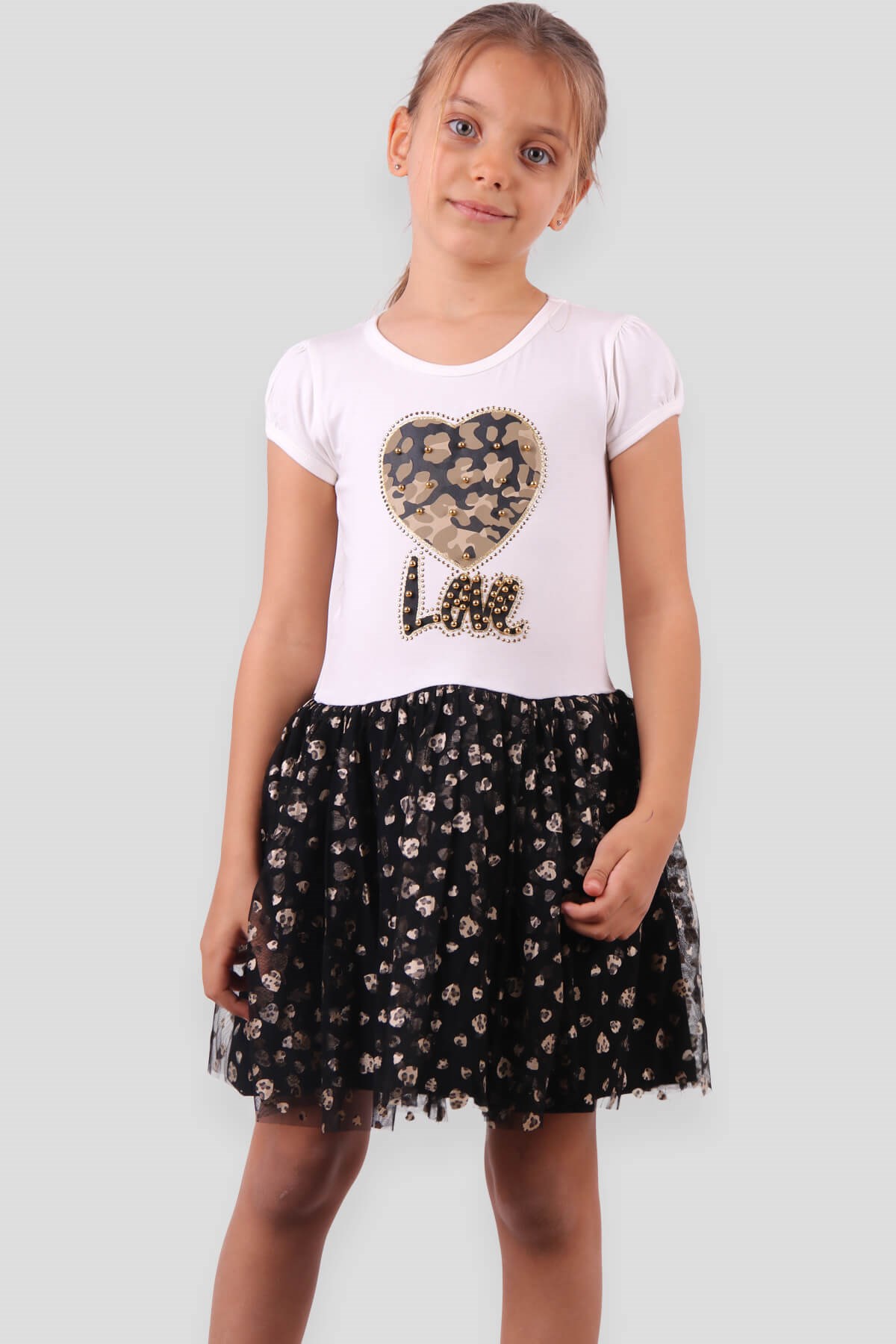 Breeze Kız Çocuk Elbise Kalpli Leoparlı Ekru-Gold (6-12 Yaş)