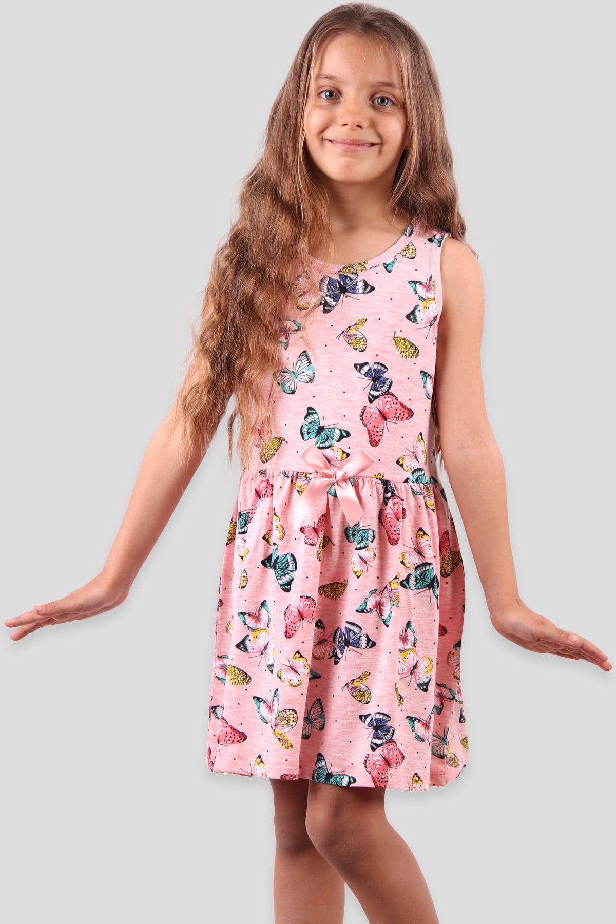 Breeze Kız Çocuk Elbise Kelebek Baskılı Fiyonklu Somon (6-10 Yaş)