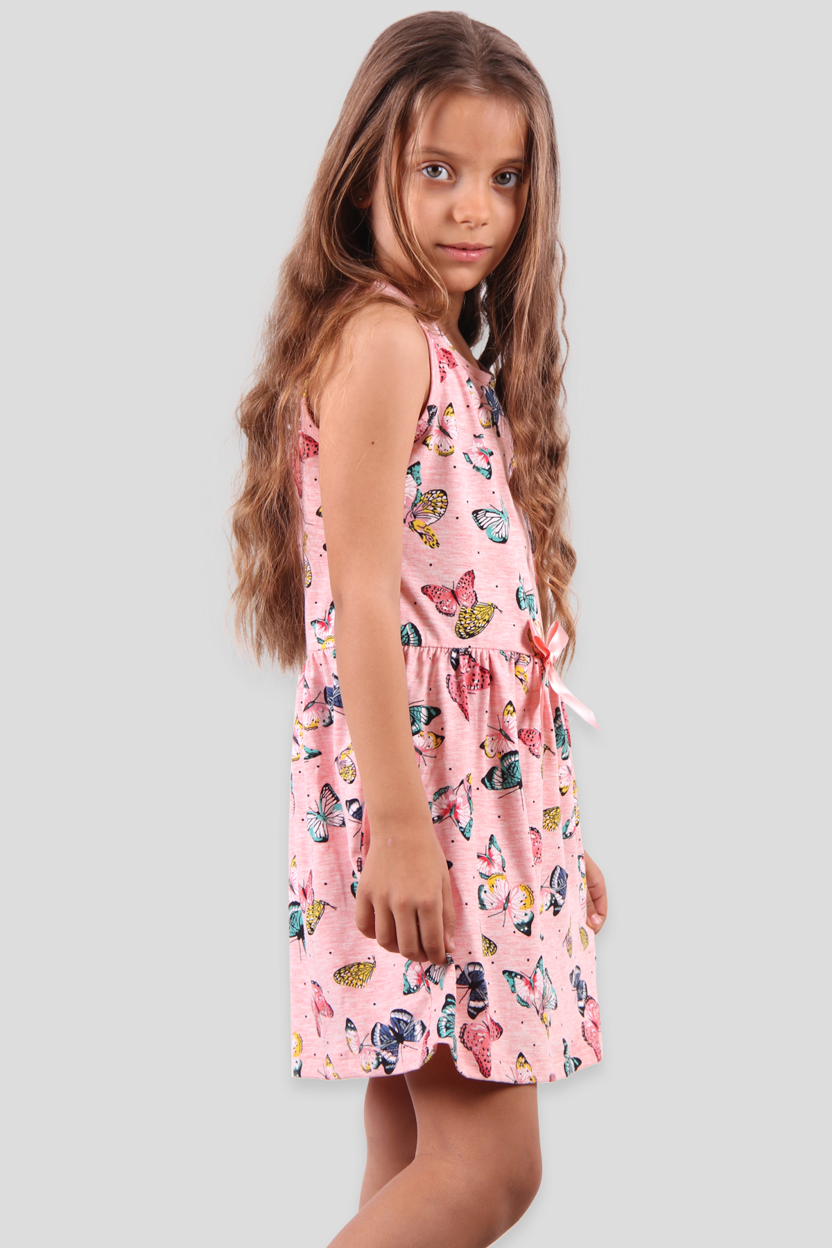 Breeze Kız Çocuk Elbise Kelebek Baskılı Fiyonklu Somon (6-10 Yaş)
