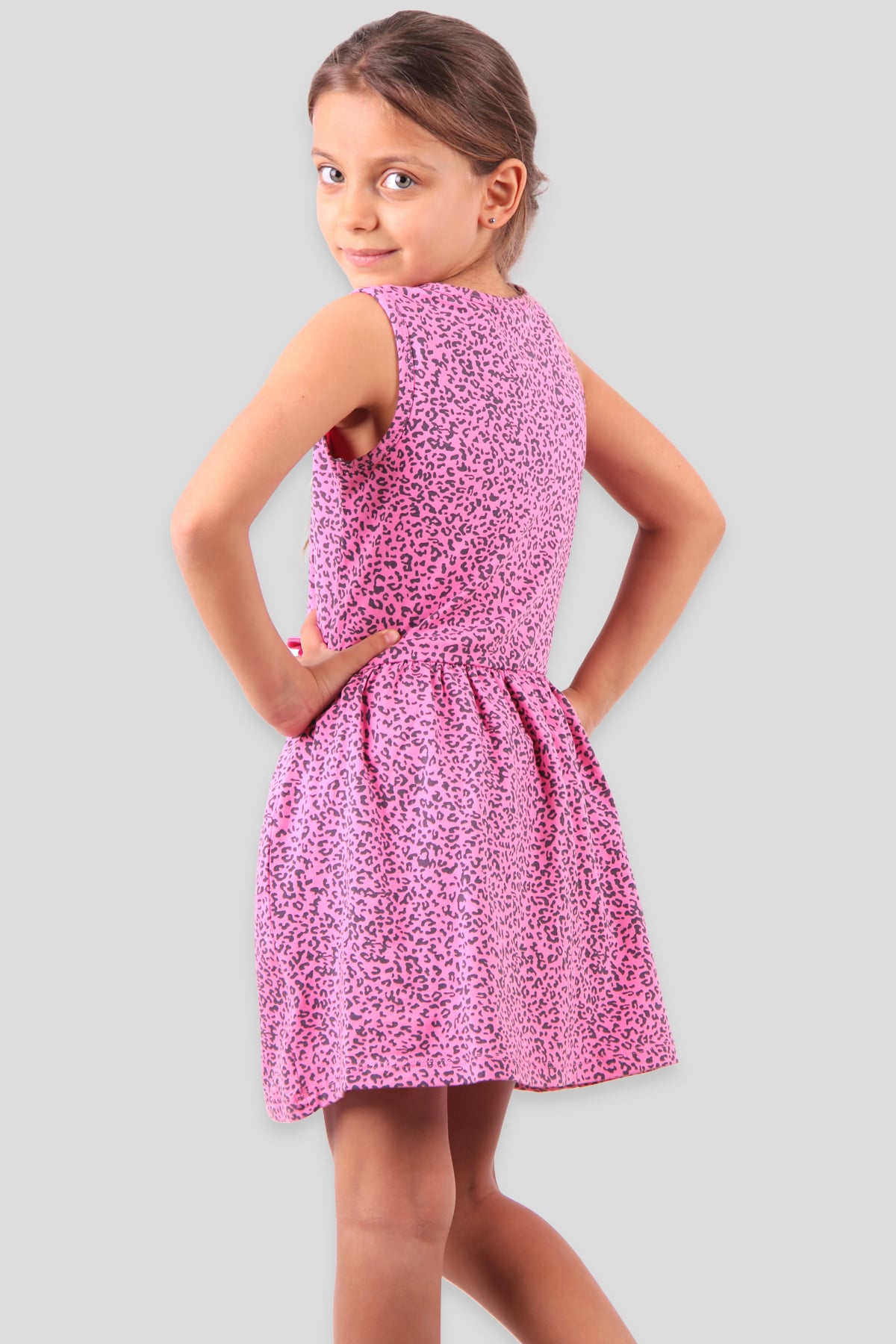 Breeze Kız Çocuk Elbise Leopar Desen Baskılı Fiyonklu Fuşya (6-10 Yaş)