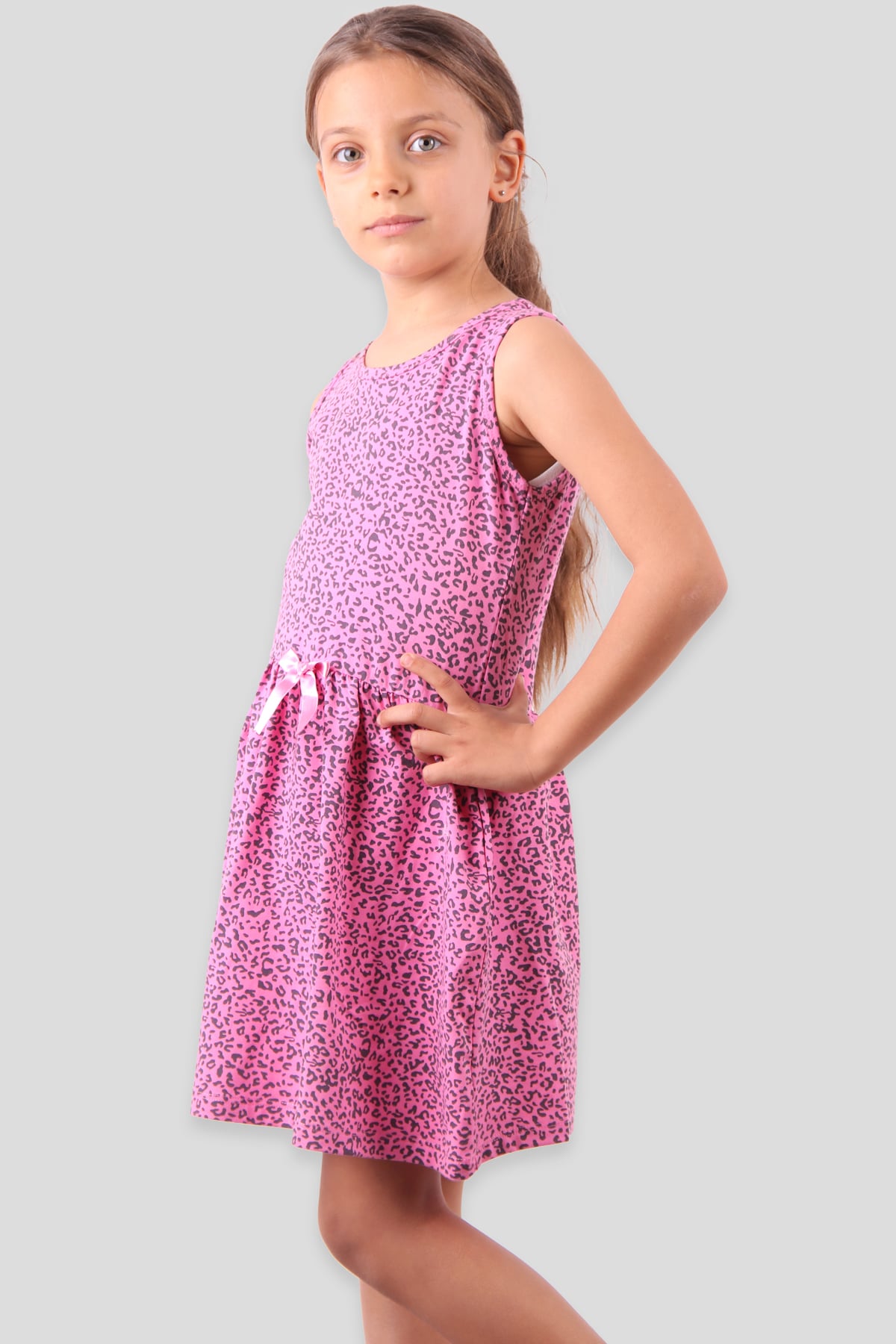 Breeze Kız Çocuk Elbise Leopar Desen Baskılı Fiyonklu Fuşya (6-10 Yaş)