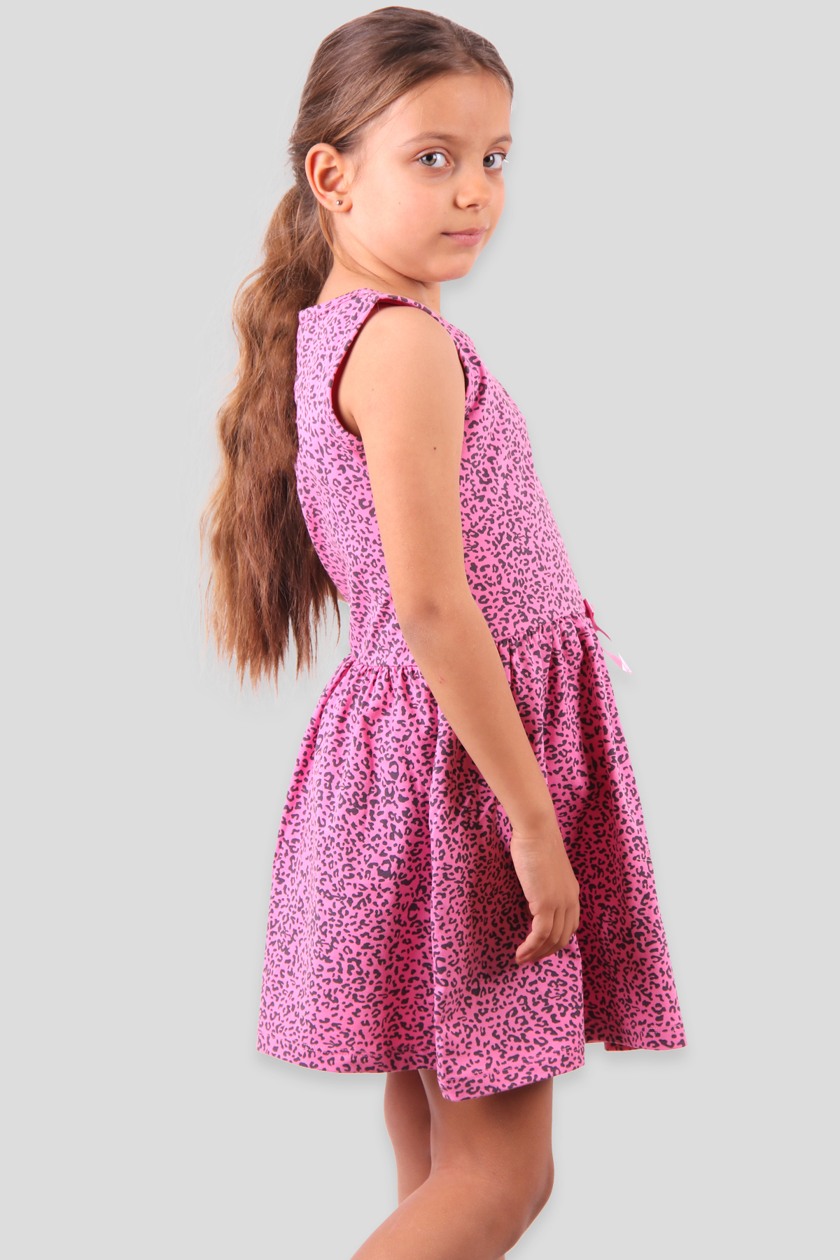 Breeze Kız Çocuk Elbise Leopar Desen Baskılı Fiyonklu Fuşya (6-10 Yaş)