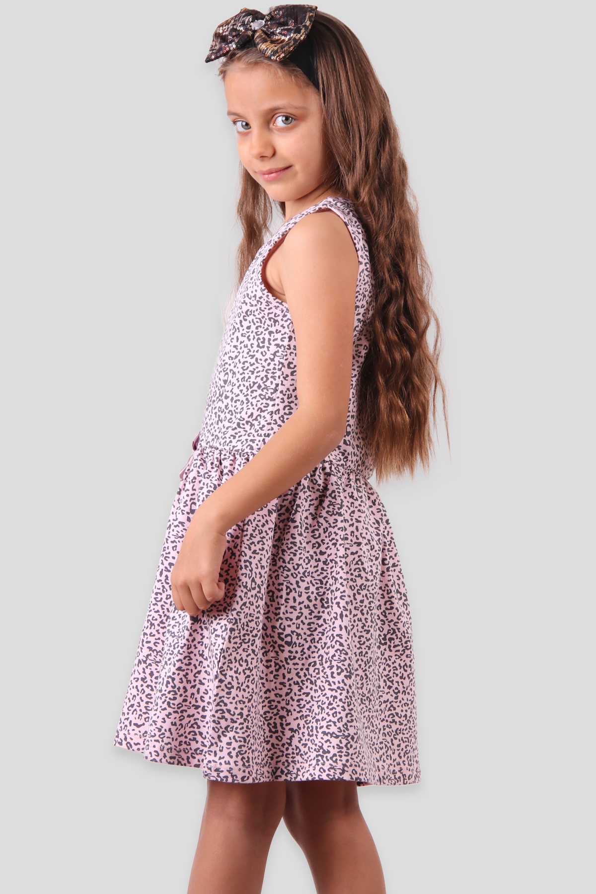 Breeze Kız Çocuk Elbise Leopar Desen Baskılı Fiyonklu Pembe (6-10 Yaş)