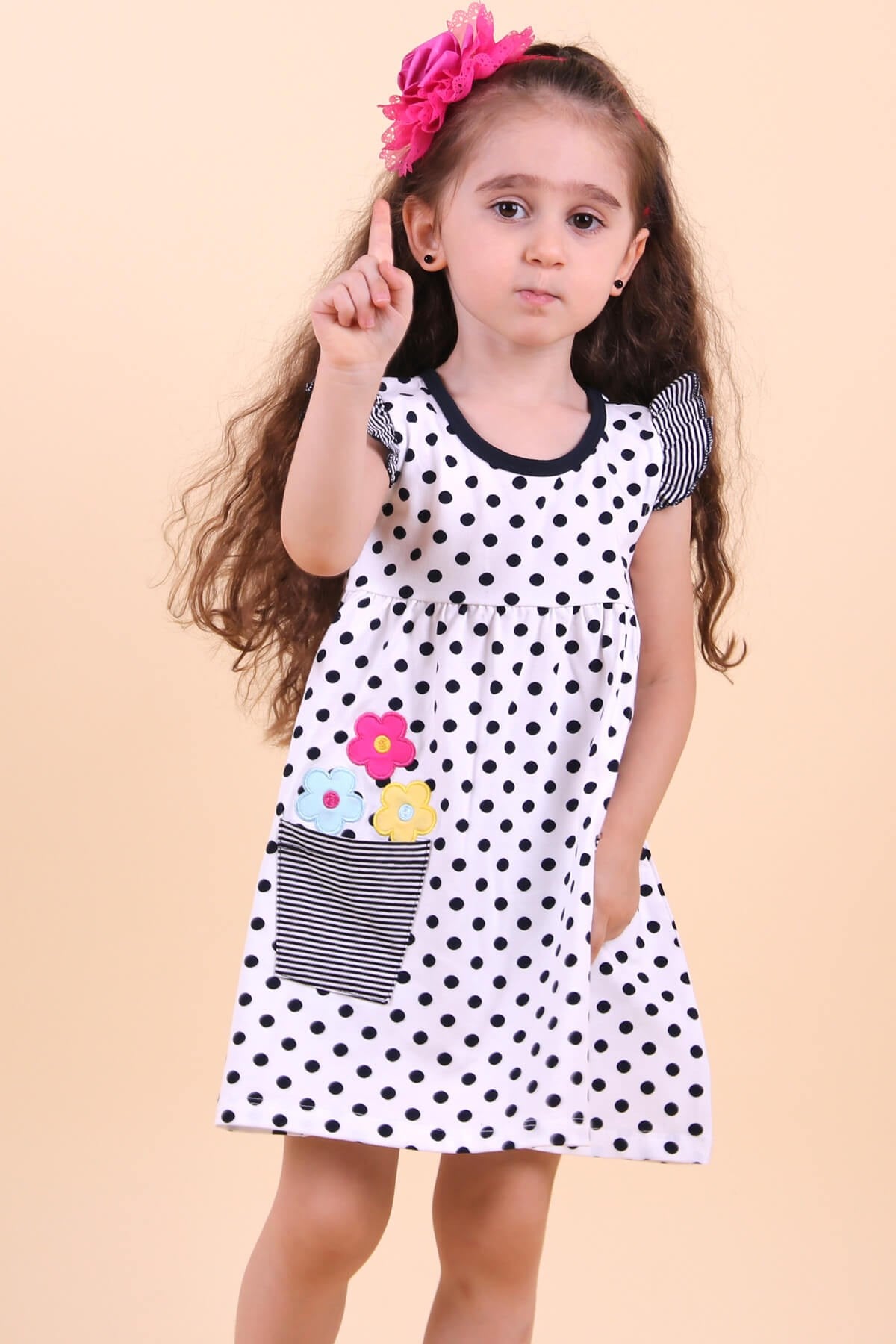 Breeze Kız Çocuk Elbise Puantiyeli Cepleri Çiçekli Ekru (1.5-5 Yaş)