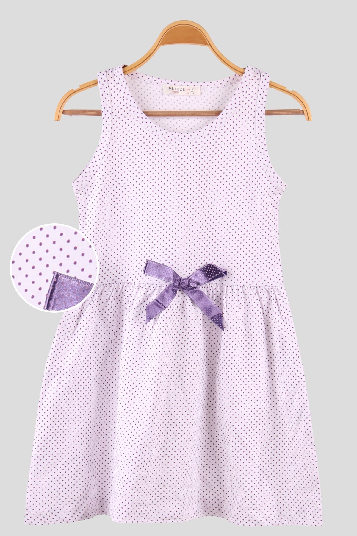 Breeze Kız Çocuk Elbise Puantiyeli Fiyonklu Mor (6-10 Yaş)