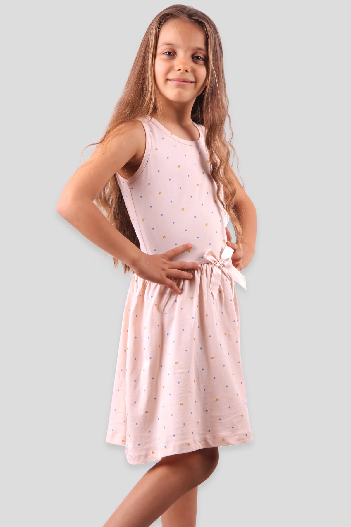 Breeze Kız Çocuk Elbise Puantiyeli Fiyonklu Bej (6-10 Yaş)