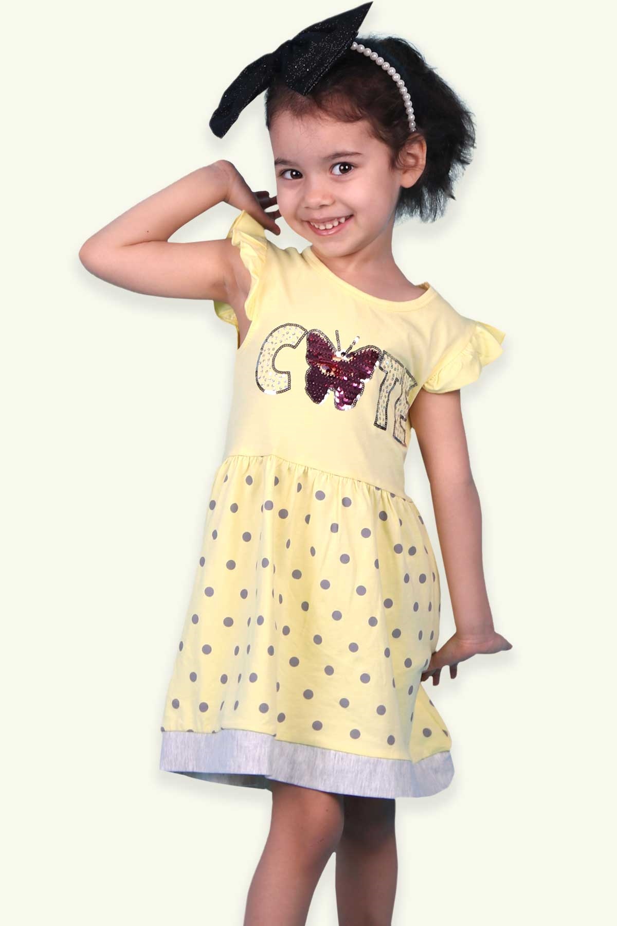 Breeze Kız Çocuk Elbise Puantiyeli Pullu Sarı (3 Yaş-8 Yaş)