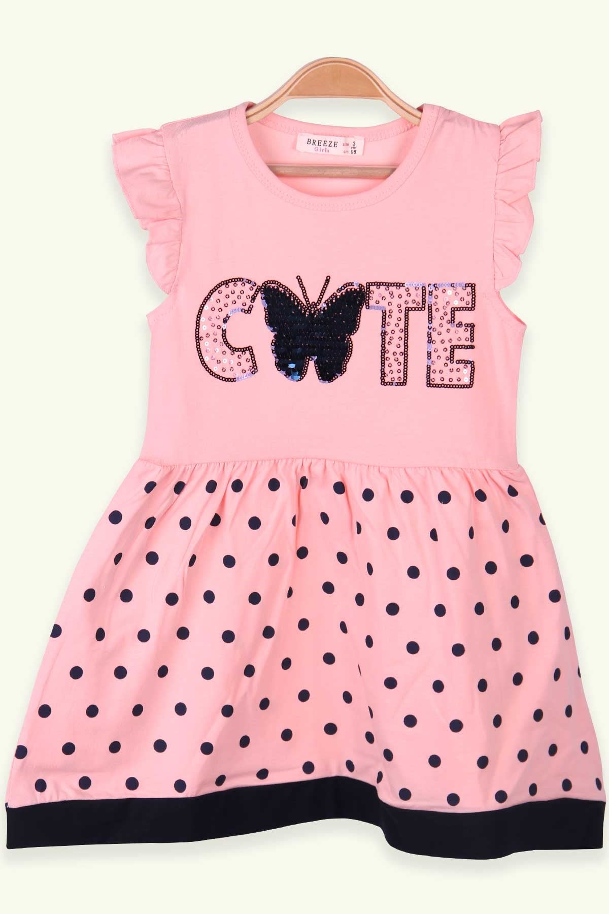 Breeze Kız Çocuk Elbise Puantiyeli Pullu Somon (3 Yaş-8 Yaş)