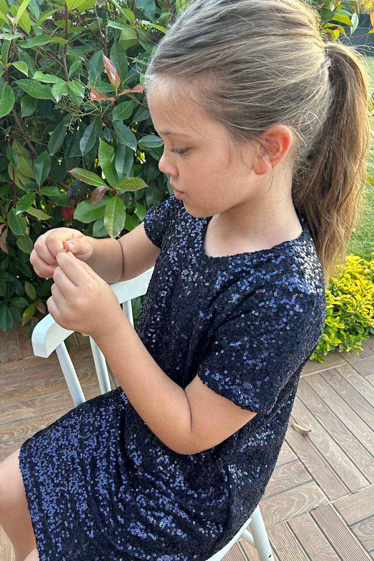 Breeze Kız Çocuk Elbise Pul Payetli Lacivert (6-12 Yaş)