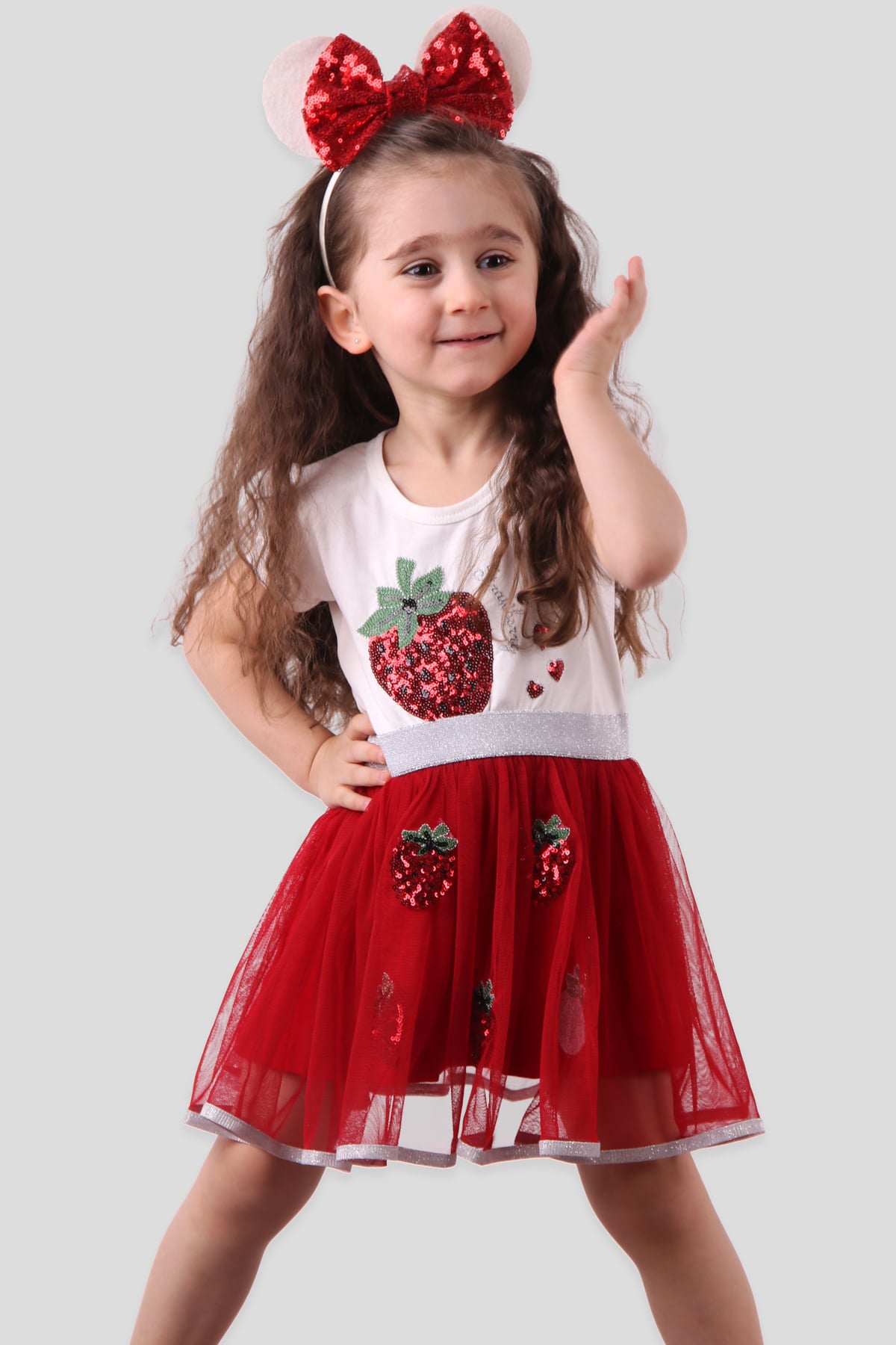 Breeze Kız Çocuk Elbise Pullu Çilekli  Kırmızı (3-8 Yaş)