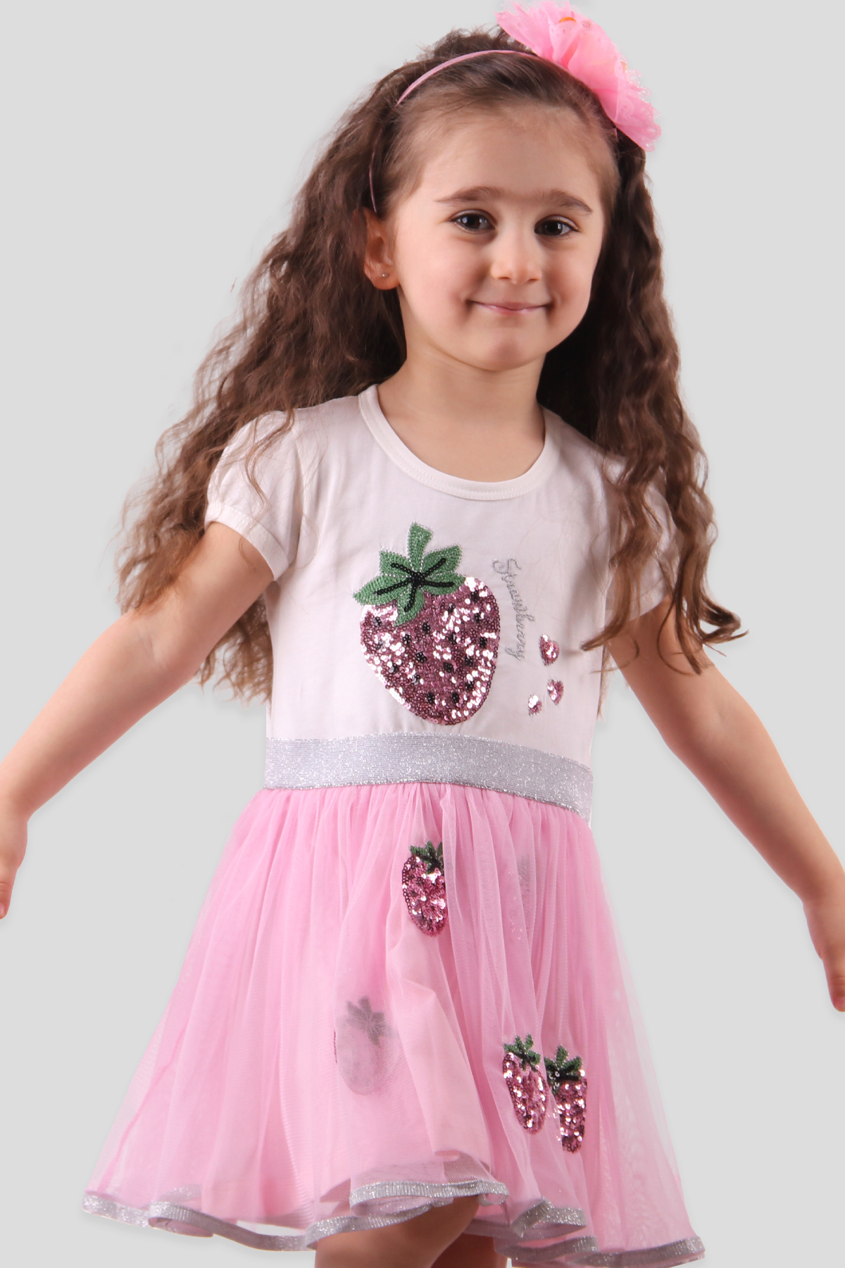 Breeze Kız Çocuk Elbise Pullu Çilekli Pembe (3-8 Yaş)