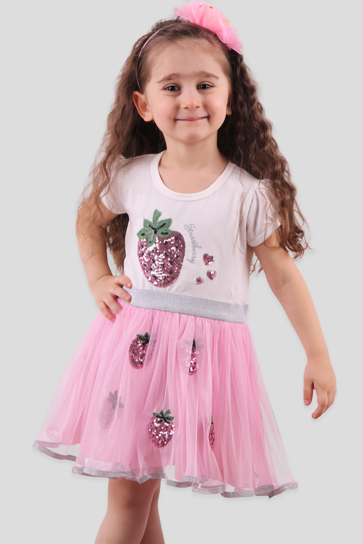 Breeze Kız Çocuk Elbise Pullu Çilekli Pembe (3-8 Yaş)