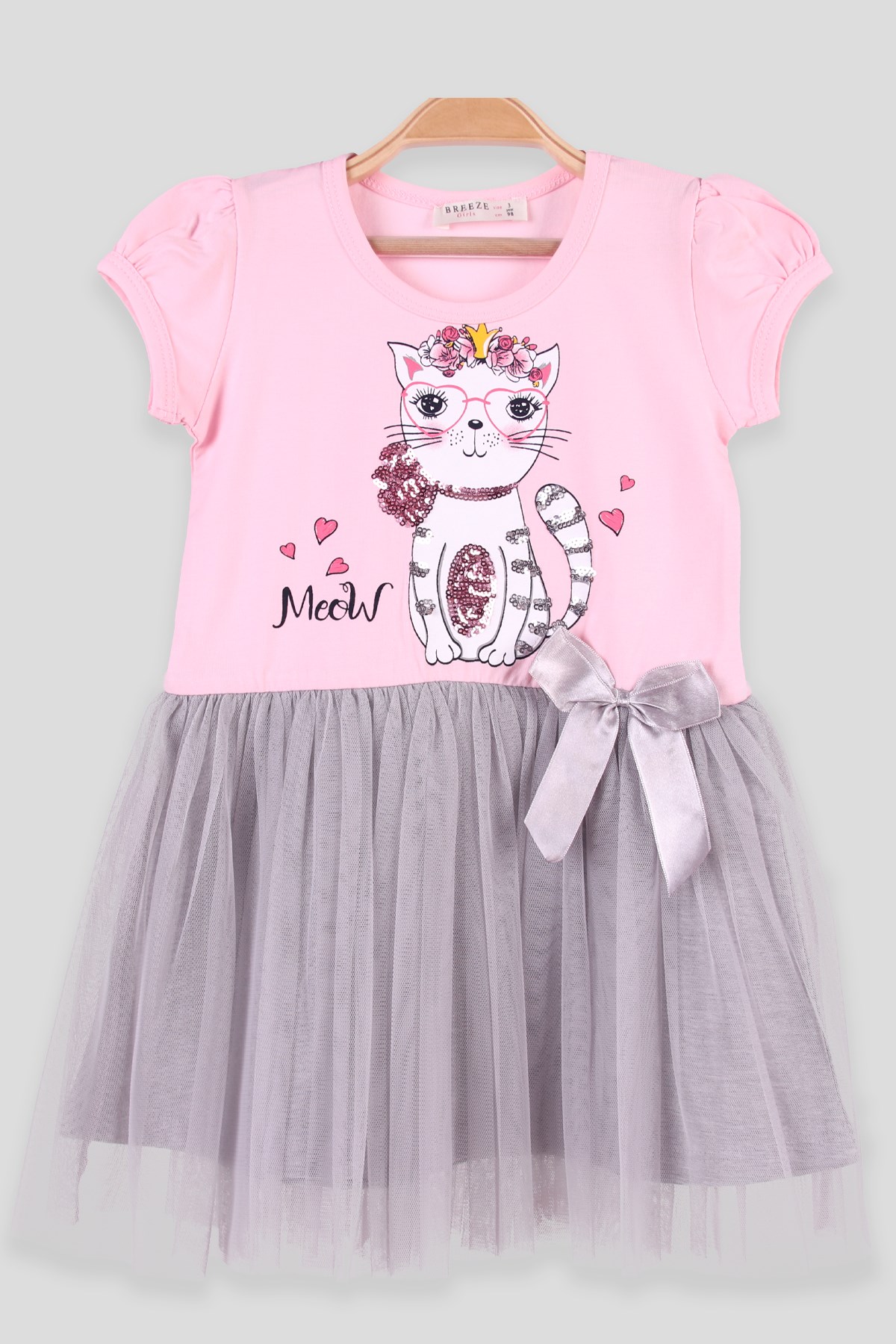 Breeze Kız Çocuk Elbise Pullu Kedi Pembe (3-8 Yaş)