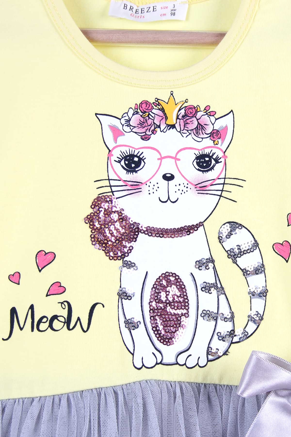 Breeze Kız Çocuk Elbise Pullu Kedi Sarı (3-5 Yaş)