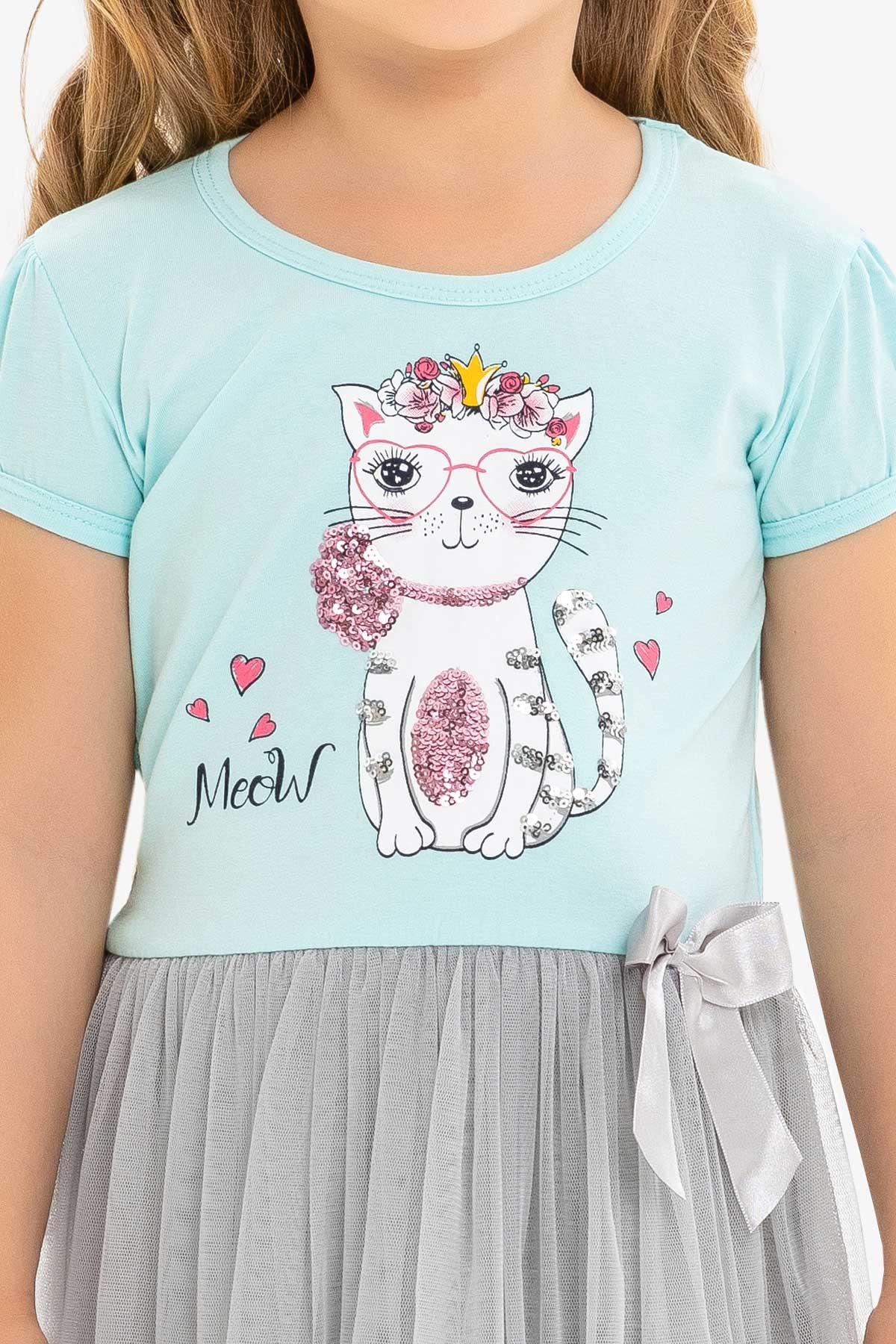 Breeze Kiz Çocuk Elbise Pullu Kedi Turkuaz (3-8 Yaş)