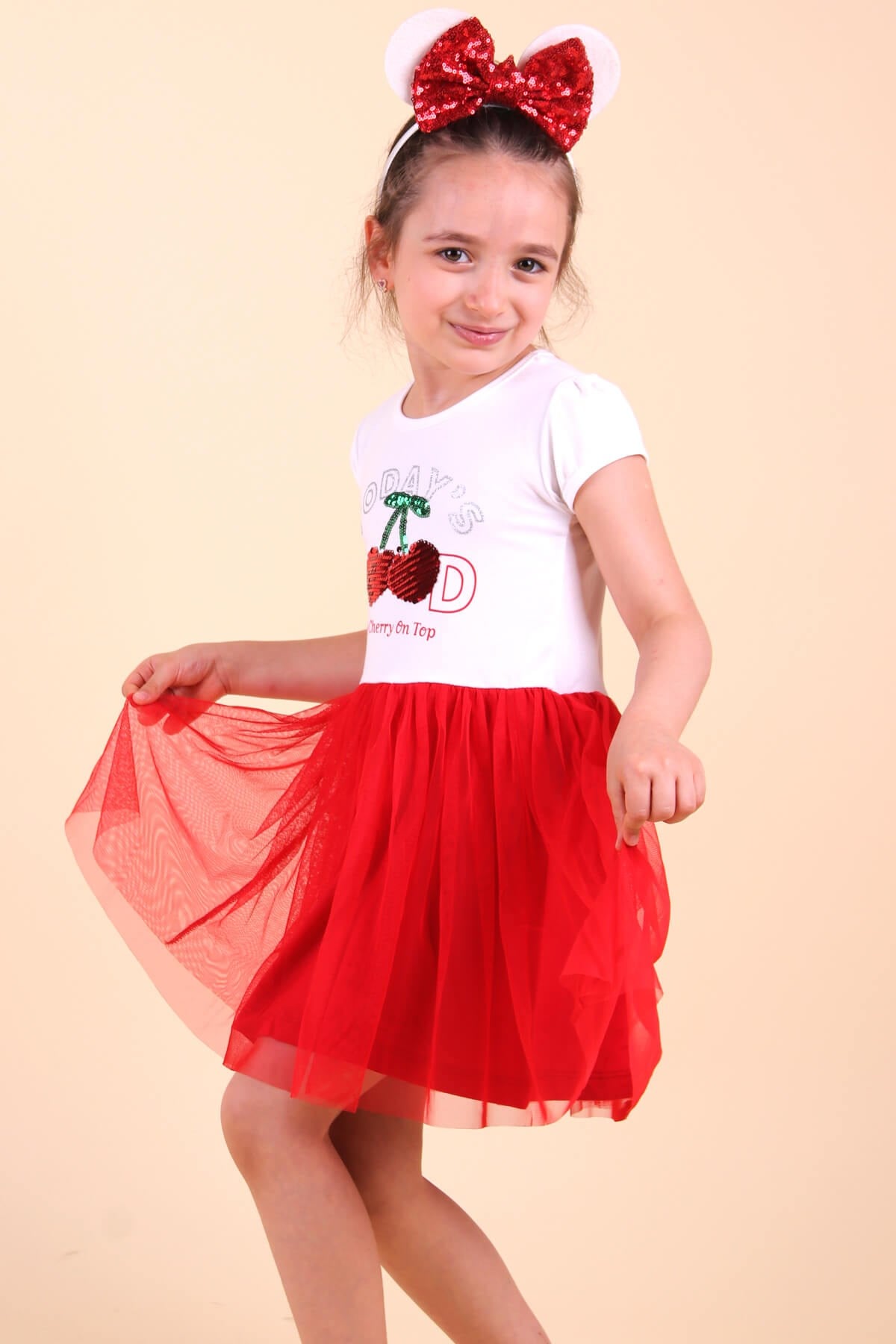 Breeze Kız Çocuk Elbise Pullu Kirazlı Ekru (2-6 Yaş)