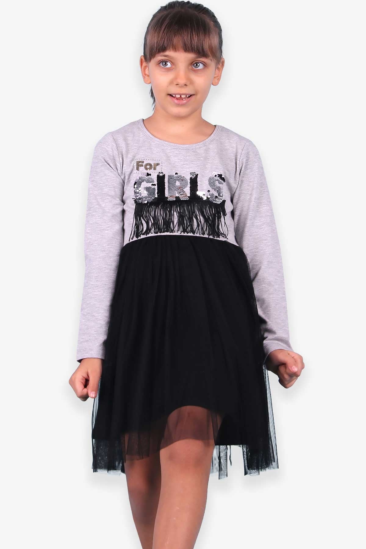 Breeze Kız Çocuk Elbise Pullu Püsküllü Gri (5-10 Yaş)