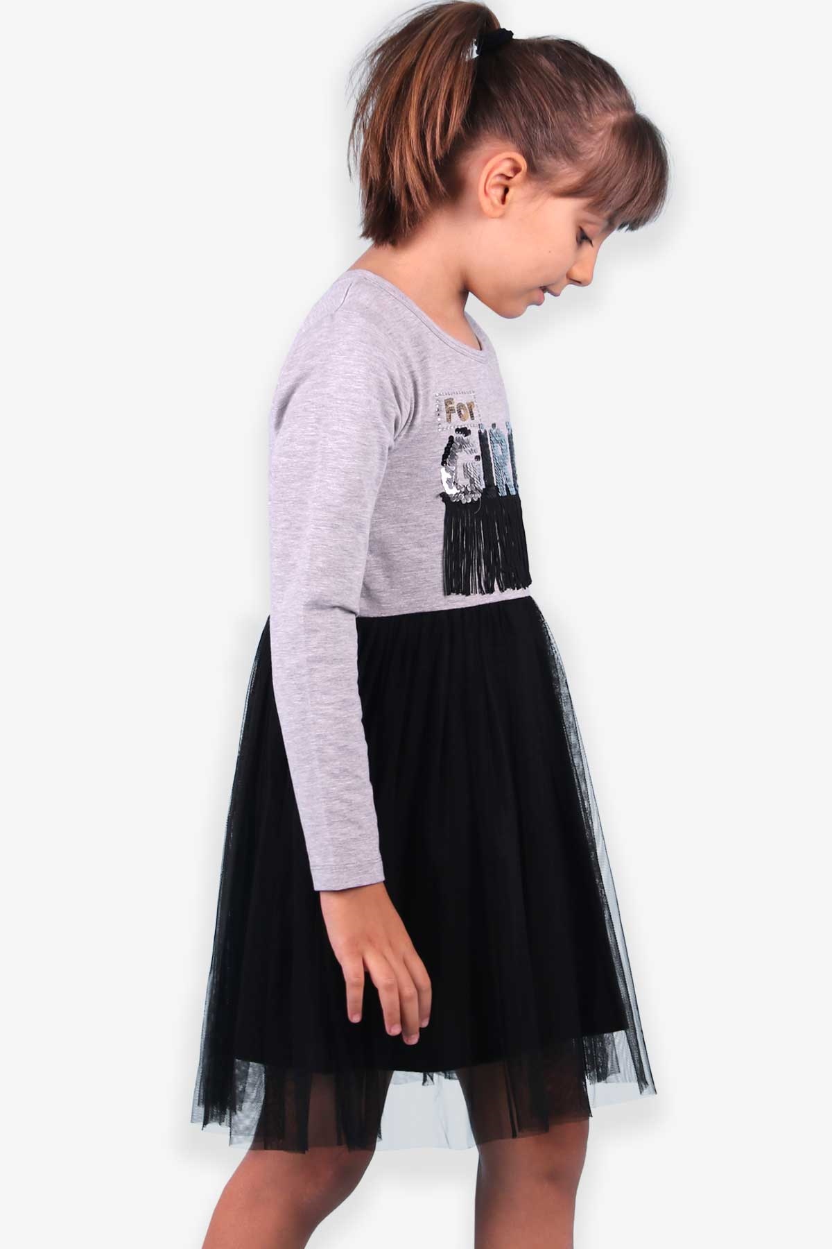 Breeze Kız Çocuk Elbise Pullu Püsküllü Gri (5-10 Yaş)