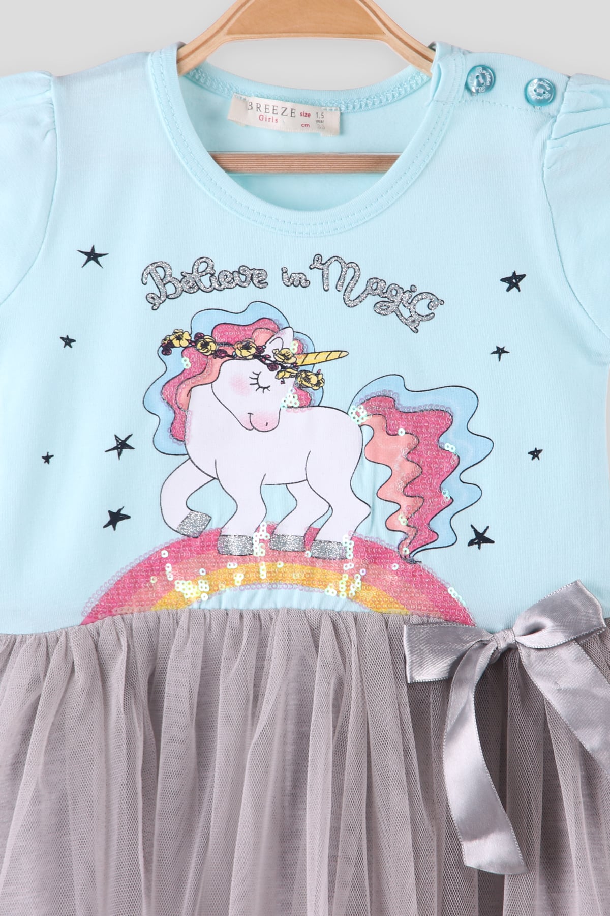 Breeze Kız Çocuk Elbise Pullu Unicornlu Turkuaz (1.5-5 Yaş)