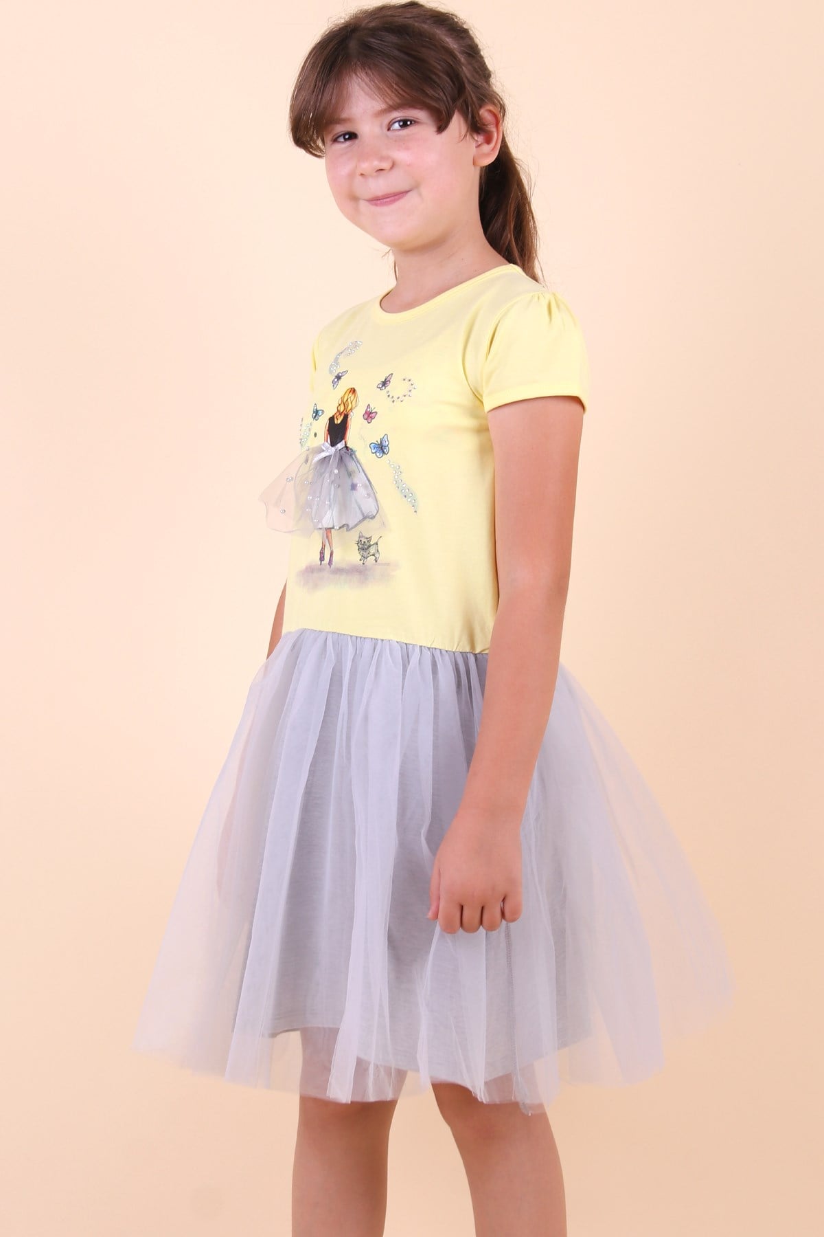 Breeze Kız Çocuk Elbise Taşlı Pelerinli Kız Sarı (6-12 Yaş)