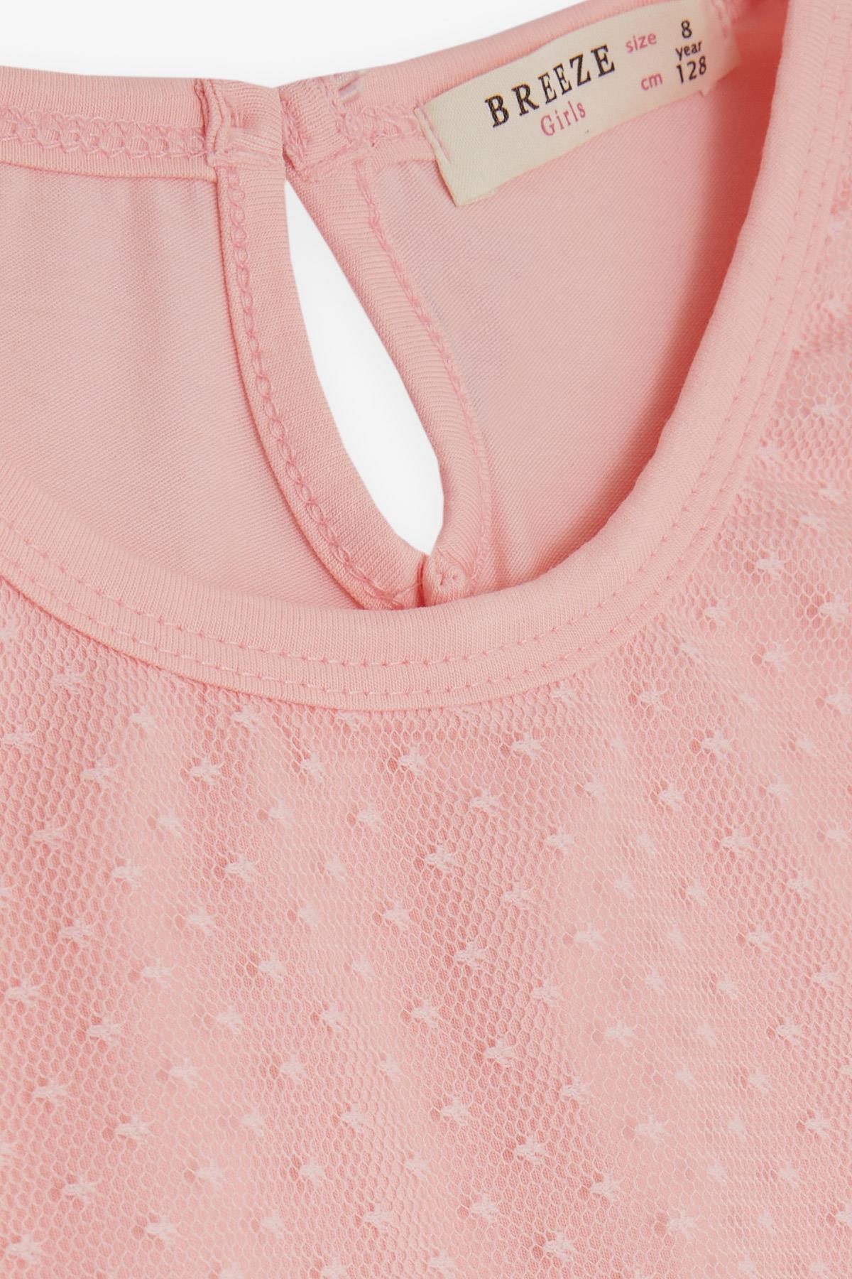 Breeze Kız Çocuk Elbise Tüllü Desenli Fiyonklu Pembe (4-9 Yaş)