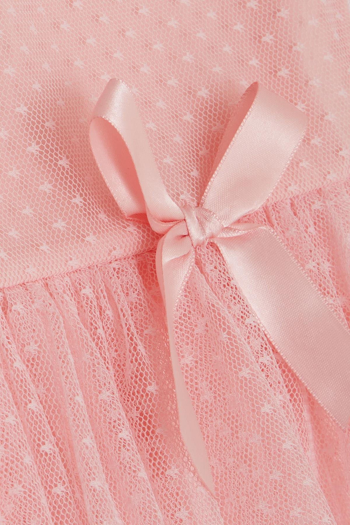 Breeze Kız Çocuk Elbise Tüllü Desenli Fiyonklu Pembe (4-9 Yaş)