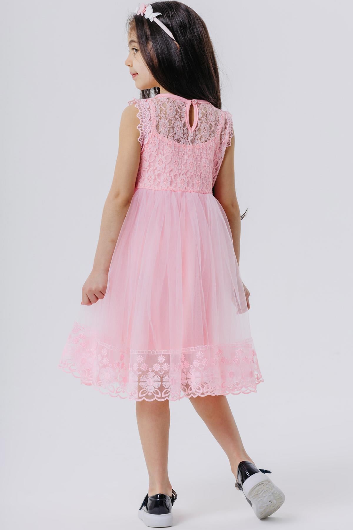 Breeze Kız Çocuk Elbise Tüllü Güpürlü Pembe (8 Yaş)
