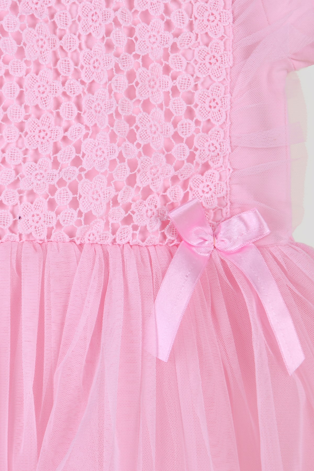 Breeze Kız Çocuk Elbise Tüllü Güpürlü Fiyonklu Pembe (2-6 Yaş)