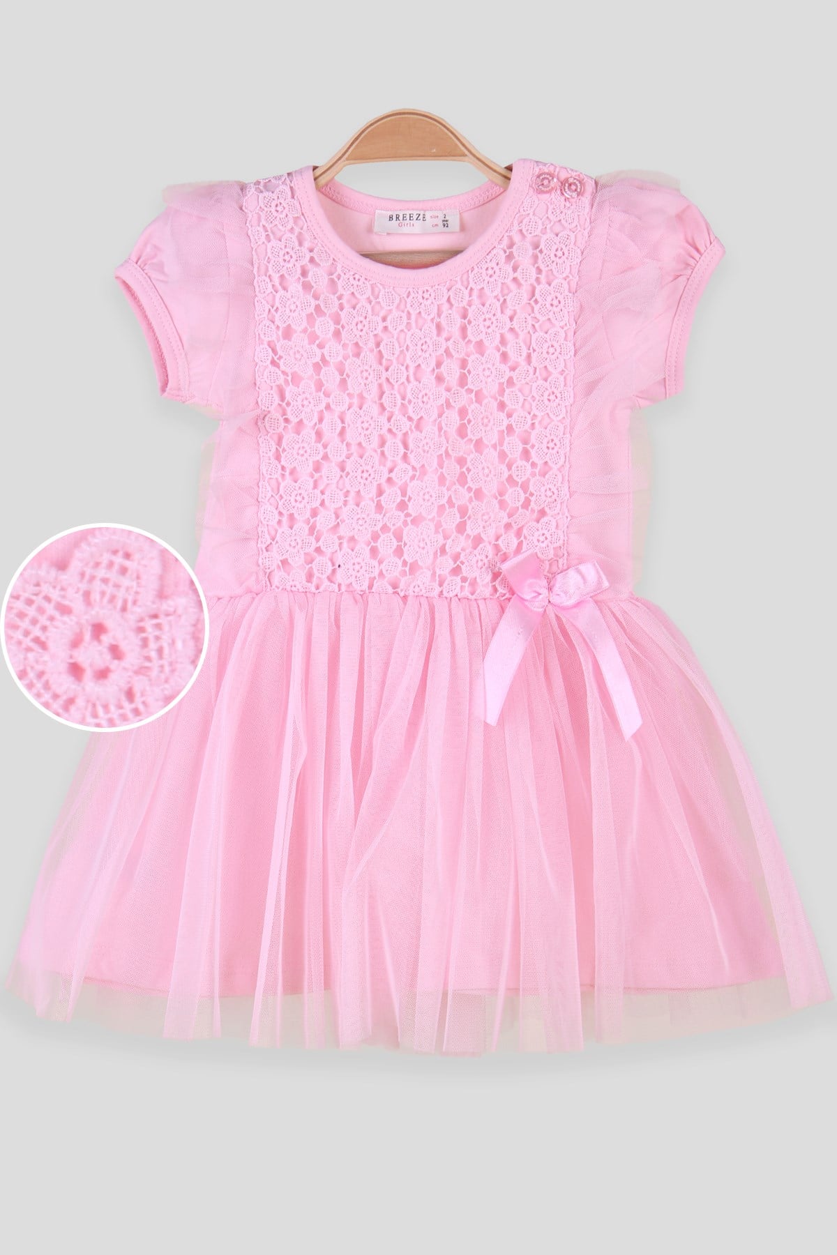 Breeze Kız Çocuk Elbise Tüllü Güpürlü Fiyonklu Pembe (2-6 Yaş)