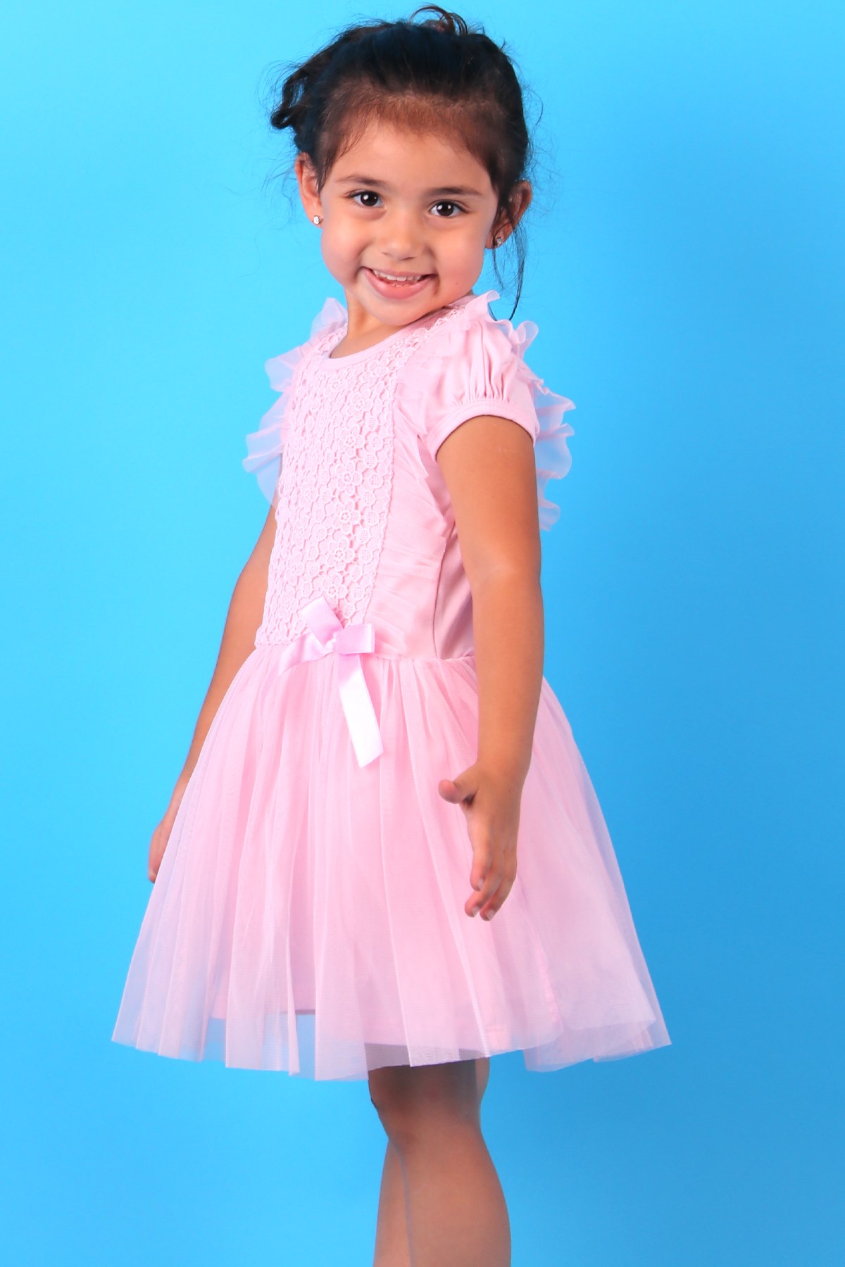 Breeze Kız Çocuk Elbise Tüllü Güpürlü Fiyonklu Pembe (2-6 Yaş)