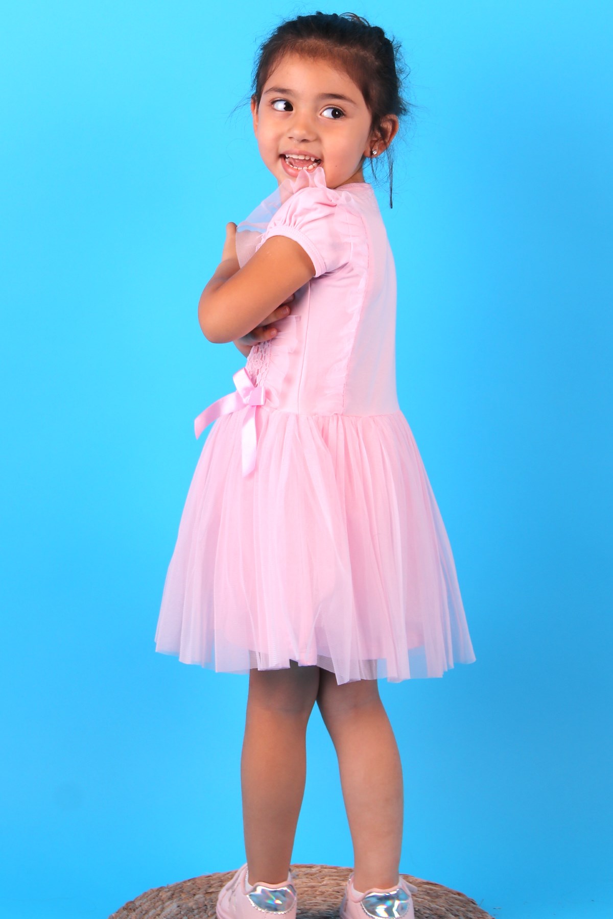 Breeze Kız Çocuk Elbise Tüllü Güpürlü Fiyonklu Pembe (2-6 Yaş)