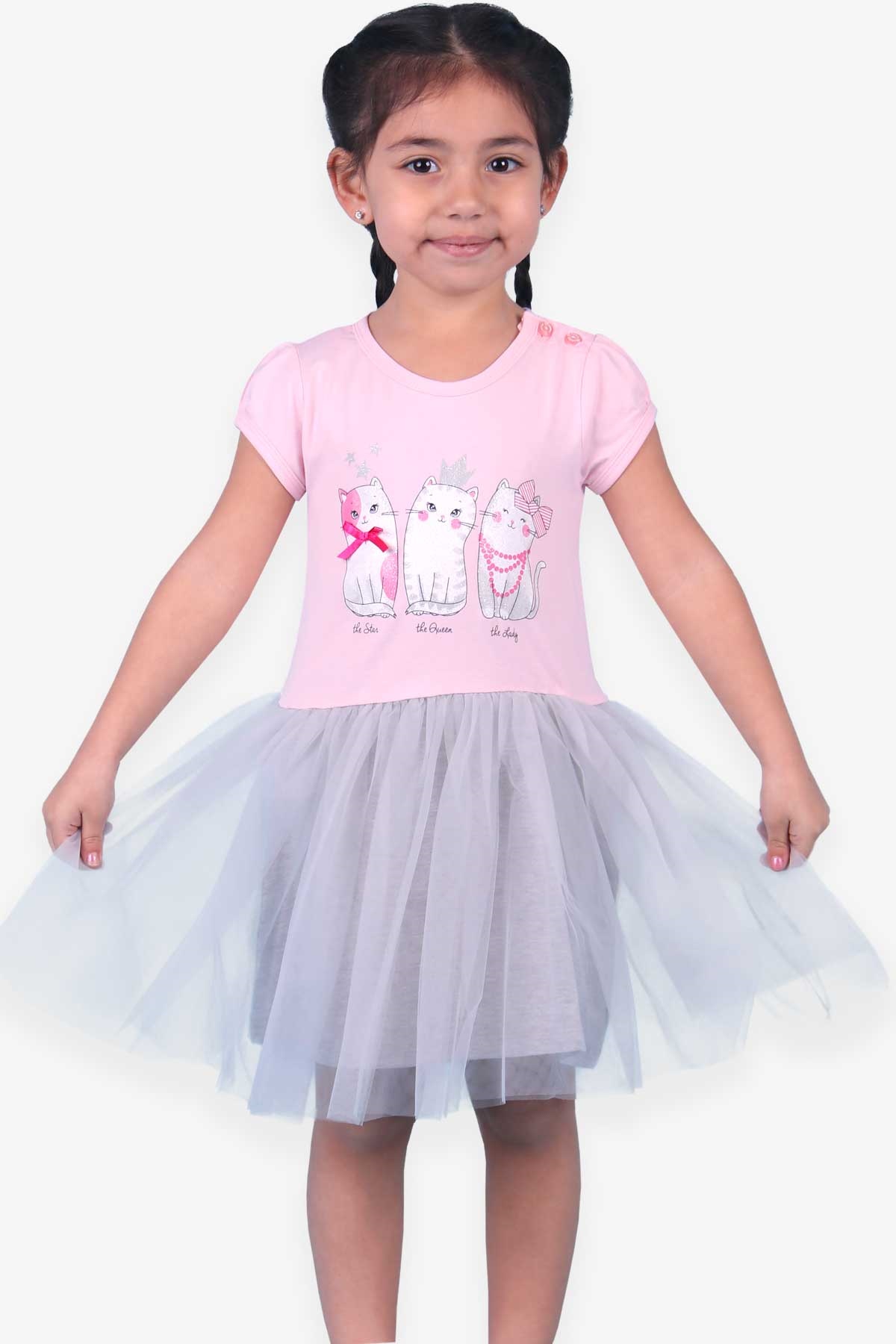 Breeze Kız Çocuk Elbise Tüllü Kedisi Simli Pembe (1-4 Yaş)