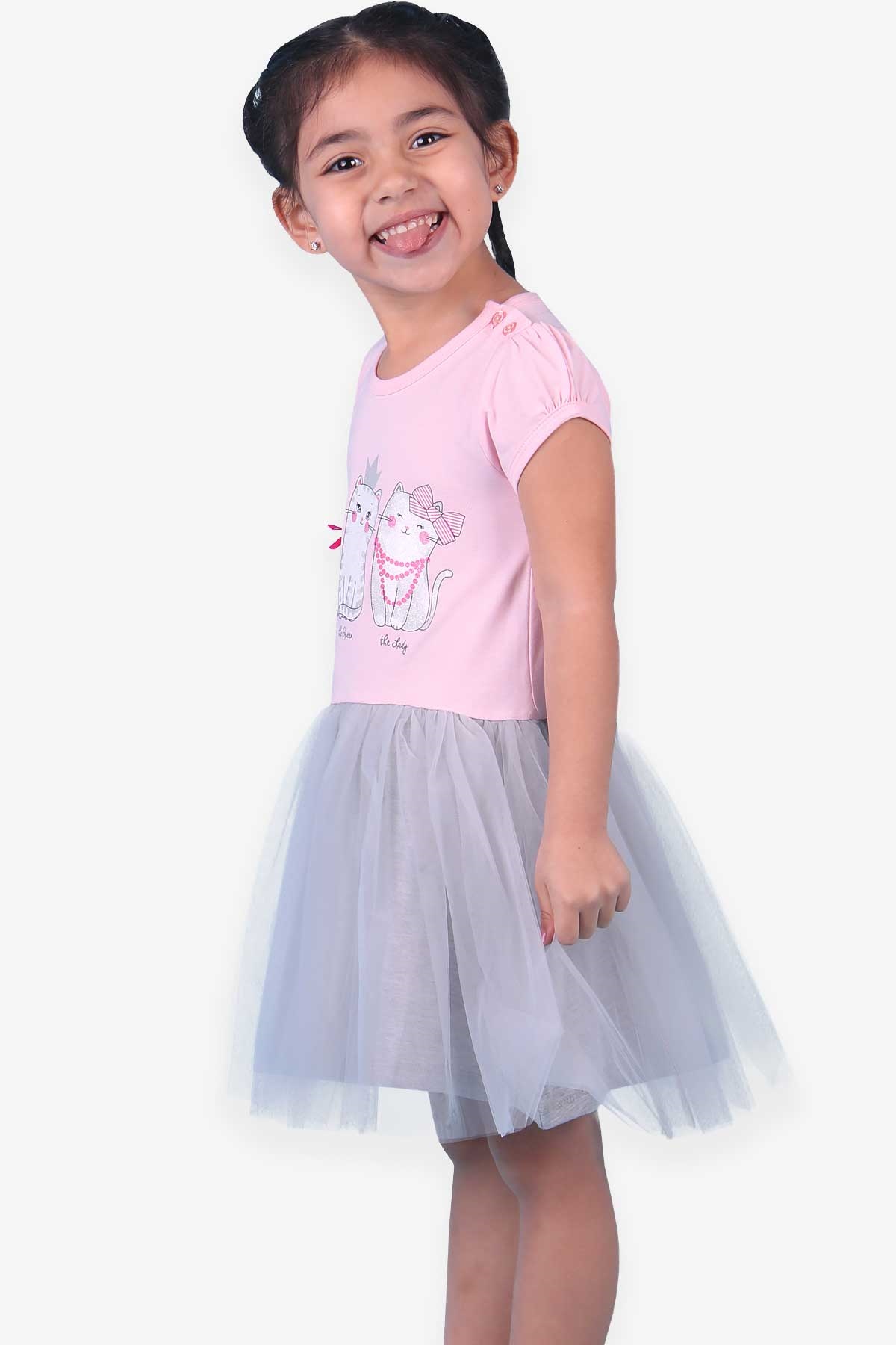 Breeze Kız Çocuk Elbise Tüllü Kedisi Simli Pembe (1-4 Yaş)