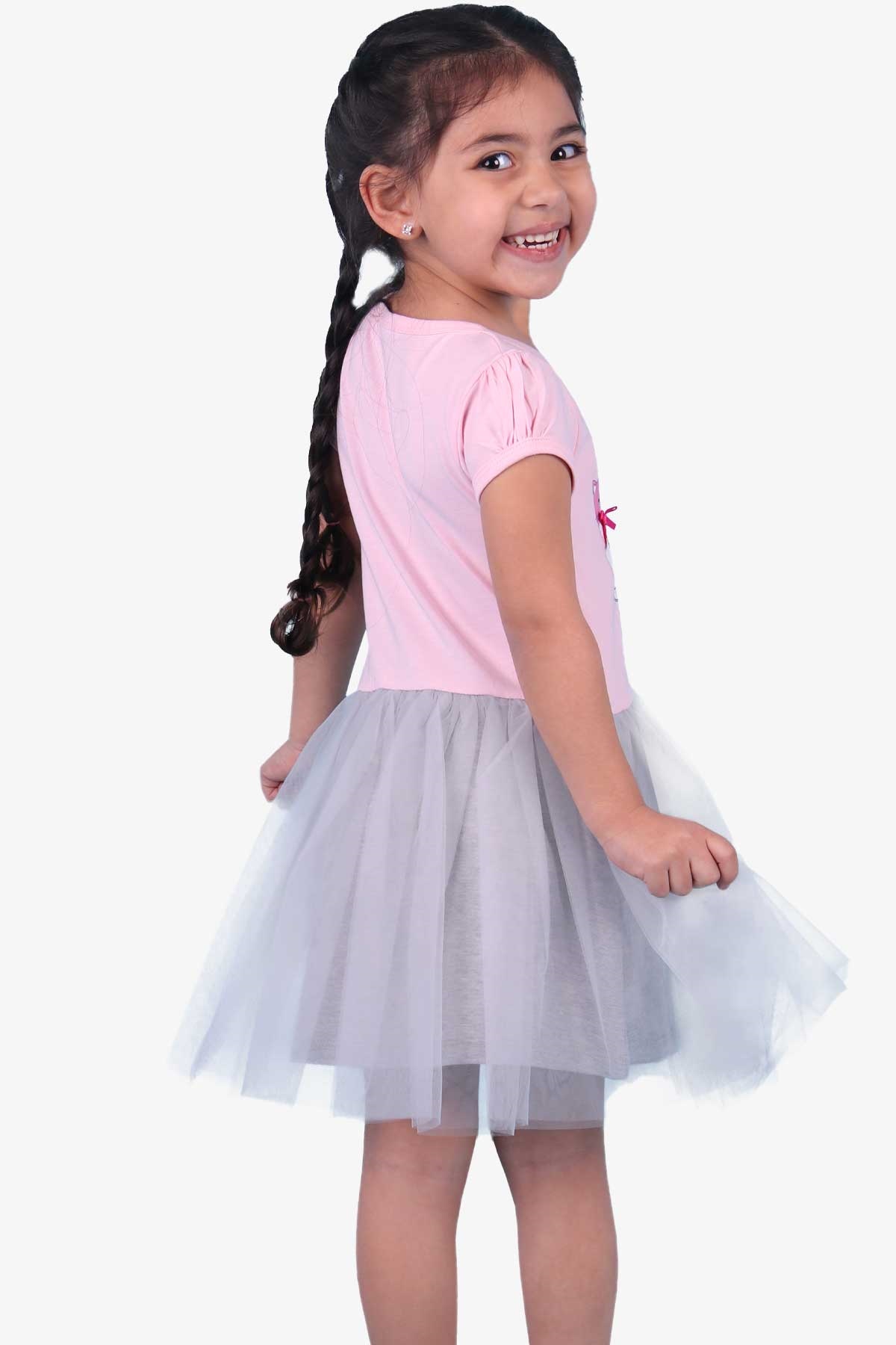 Breeze Kız Çocuk Elbise Tüllü Kedisi Simli Pembe (1-4 Yaş)