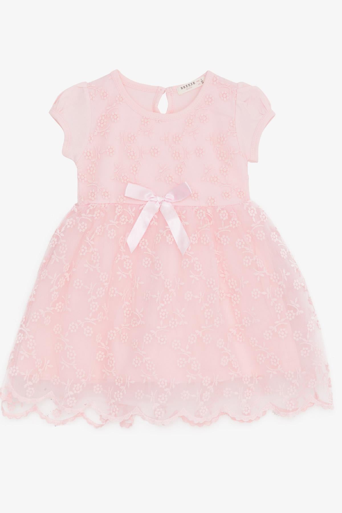 Breeze Kız Çocuk Elbise Tüllü Nakışlı Fiyonklu Pembe (1.5-5 Yaş)