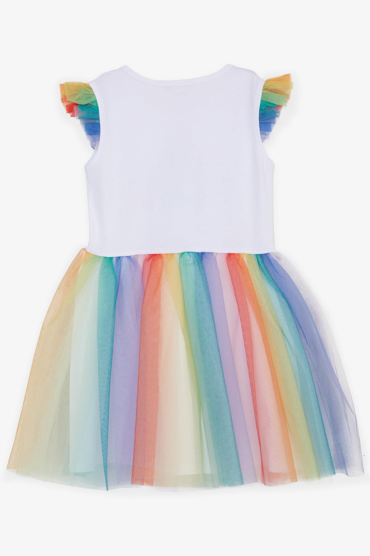 Breeze Kız Çocuk Elbise Tüllü Renkli Unicorn Baskılı Beyaz (5-10 Yaş)