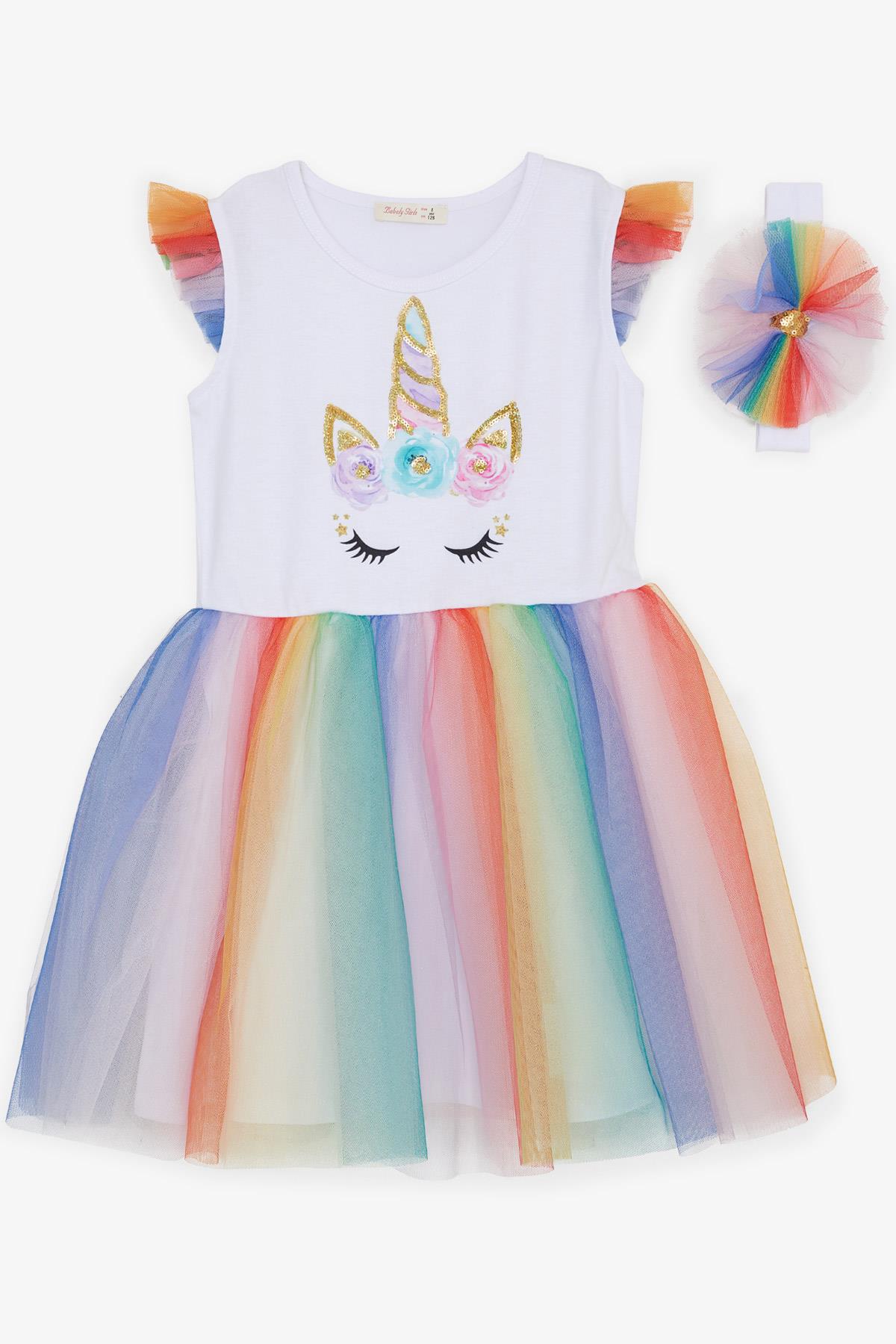 Breeze Kız Çocuk Elbise Tüllü Renkli Unicorn Baskılı Beyaz (5-10 Yaş)