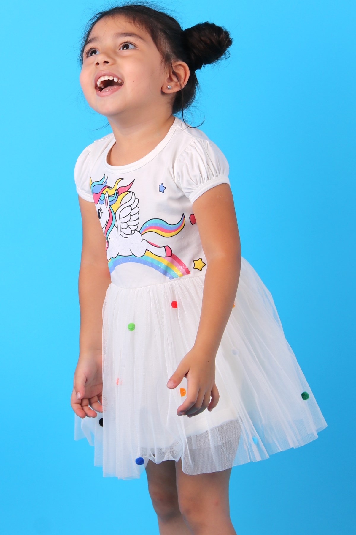 Breeze Kız Çocuk Elbise Tüllü Simli Unicornlu Ekru(3-8 Yaş)