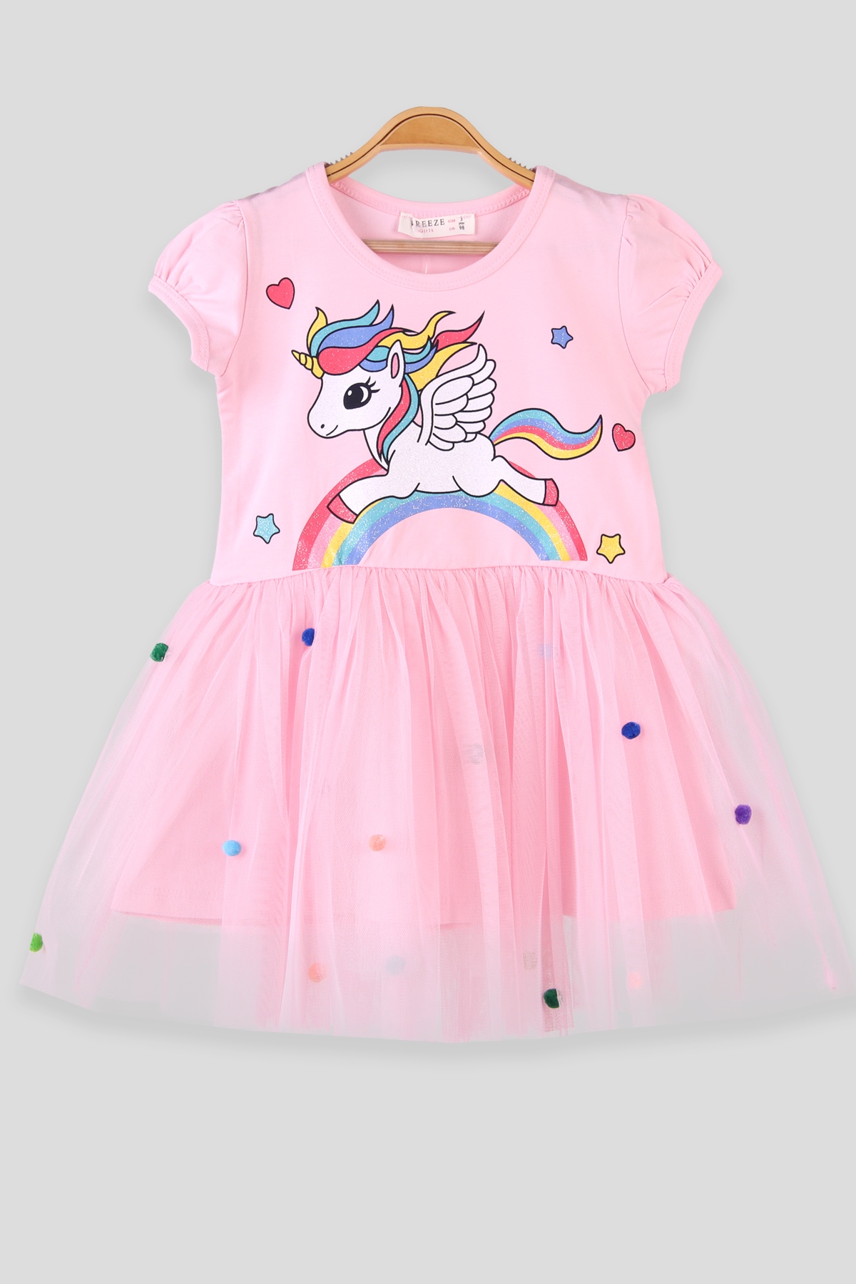 Breeze Kız Çocuk Elbise Tüllü Simli Unicornlu Pembe(3-8 Yaş)