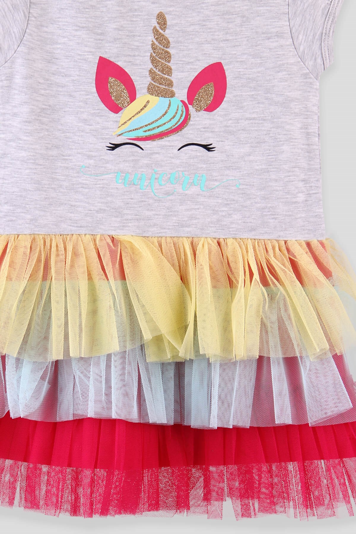 Breeze Kız Çocuk Elbise Tüllü Simli Unicornlu Gri (3-8 Yaş)