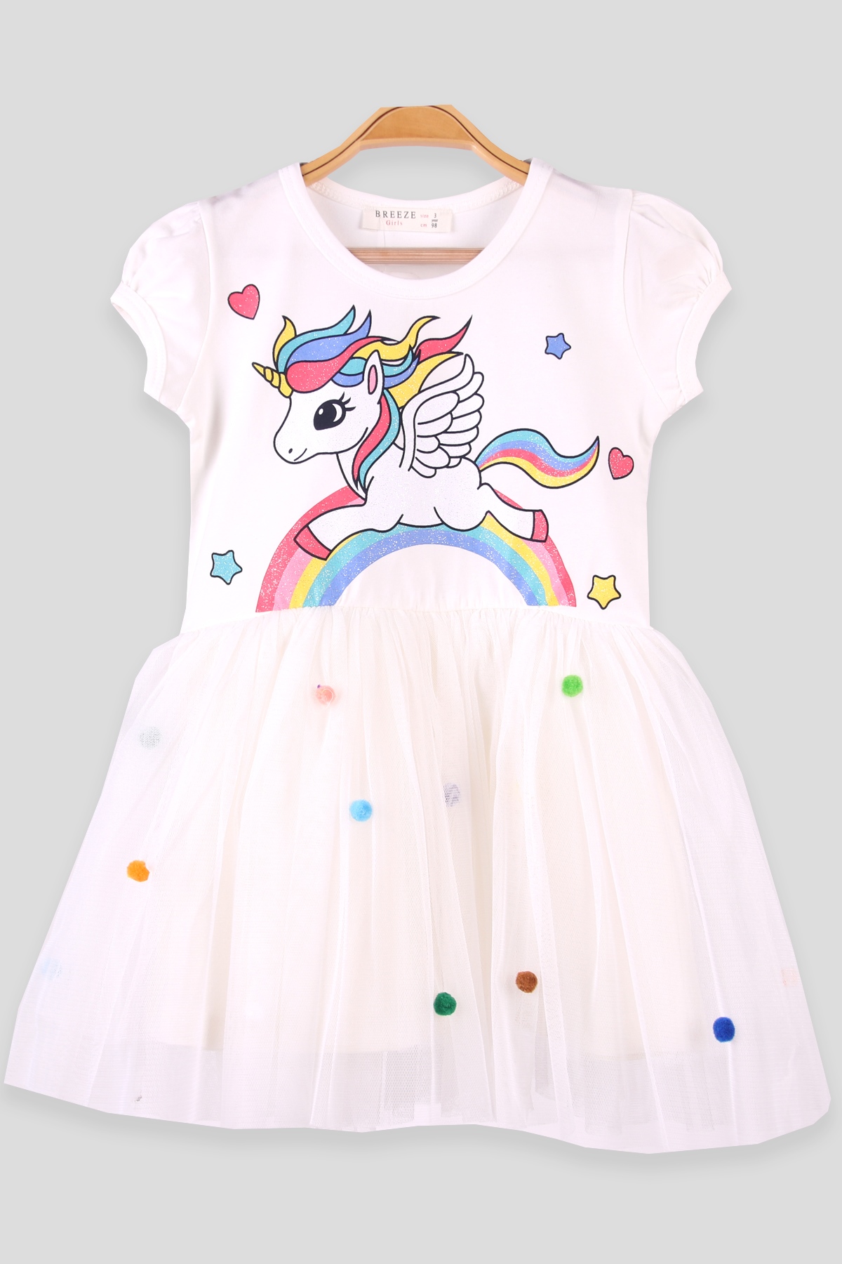 Breeze Kız Çocuk Elbise Tüllü Simli Unicornlu Ekru(3-8 Yaş)
