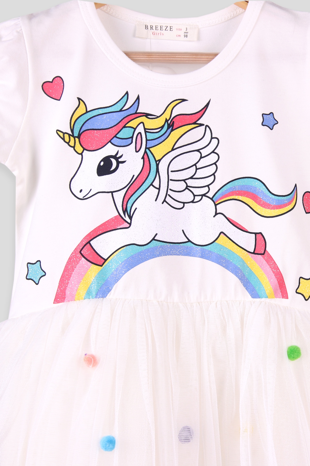 Breeze Kız Çocuk Elbise Tüllü Simli Unicornlu Ekru(3-8 Yaş)