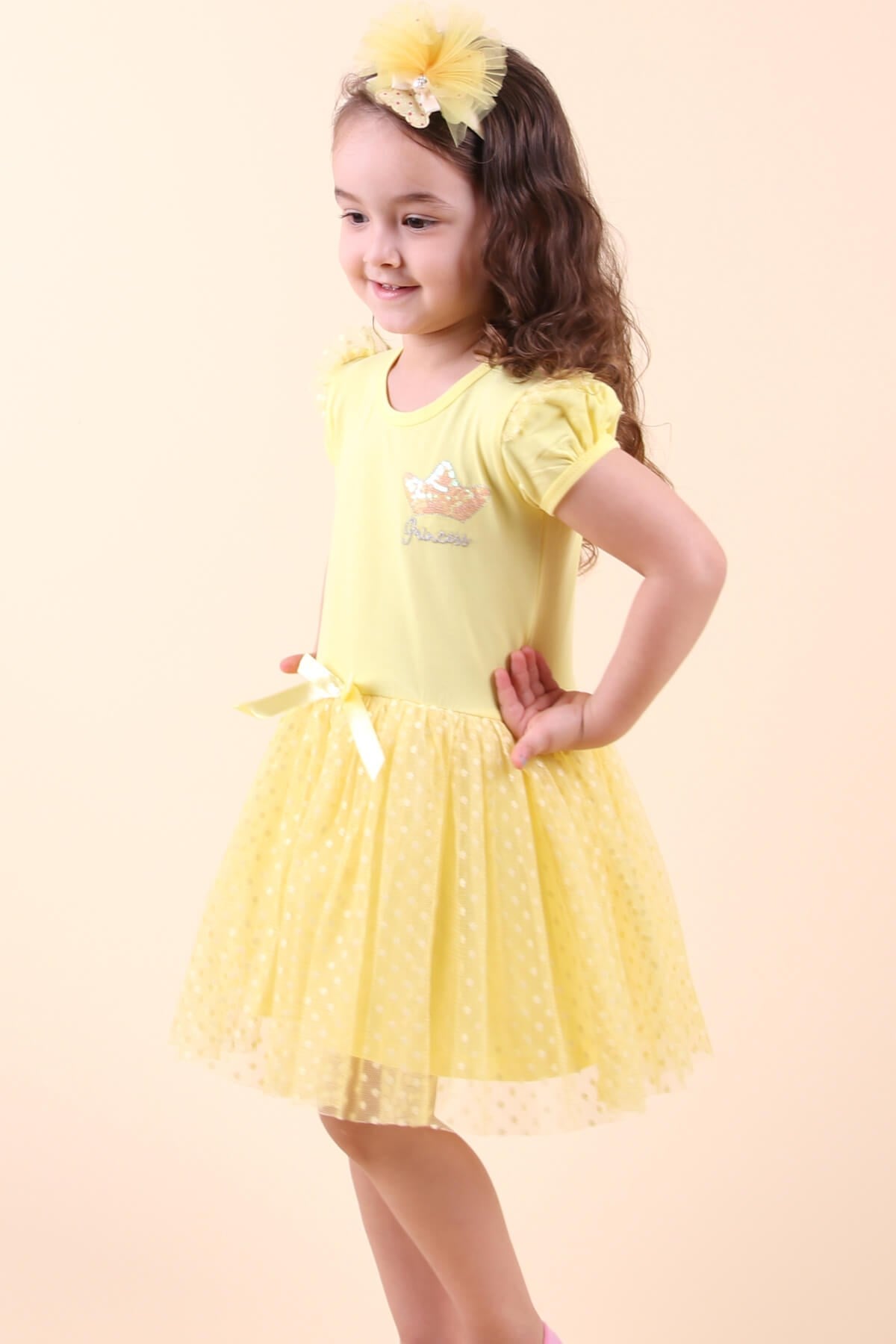 Breeze Kız Çocuk Elbise Tüllü Tacı Pullu Sarı (1.5-5 Yaş)