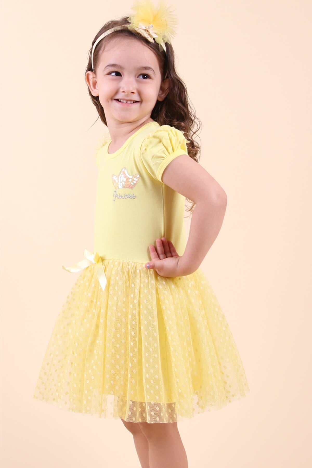 Breeze Kız Çocuk Elbise Tüllü Tacı Pullu Sarı (1.5-5 Yaş)