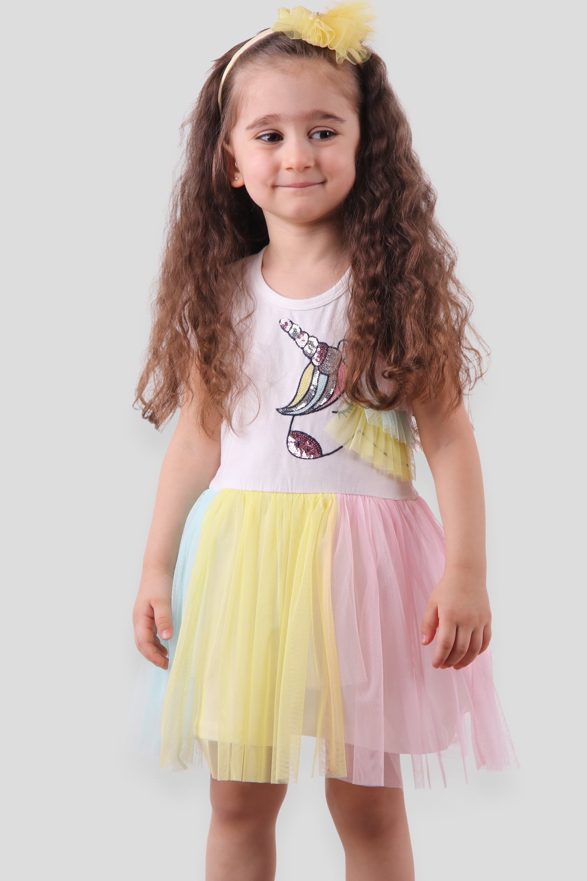 Breeze Kız Çocuk Elbise Tüllü Unicorn Ekru (2-6 Yaş)
