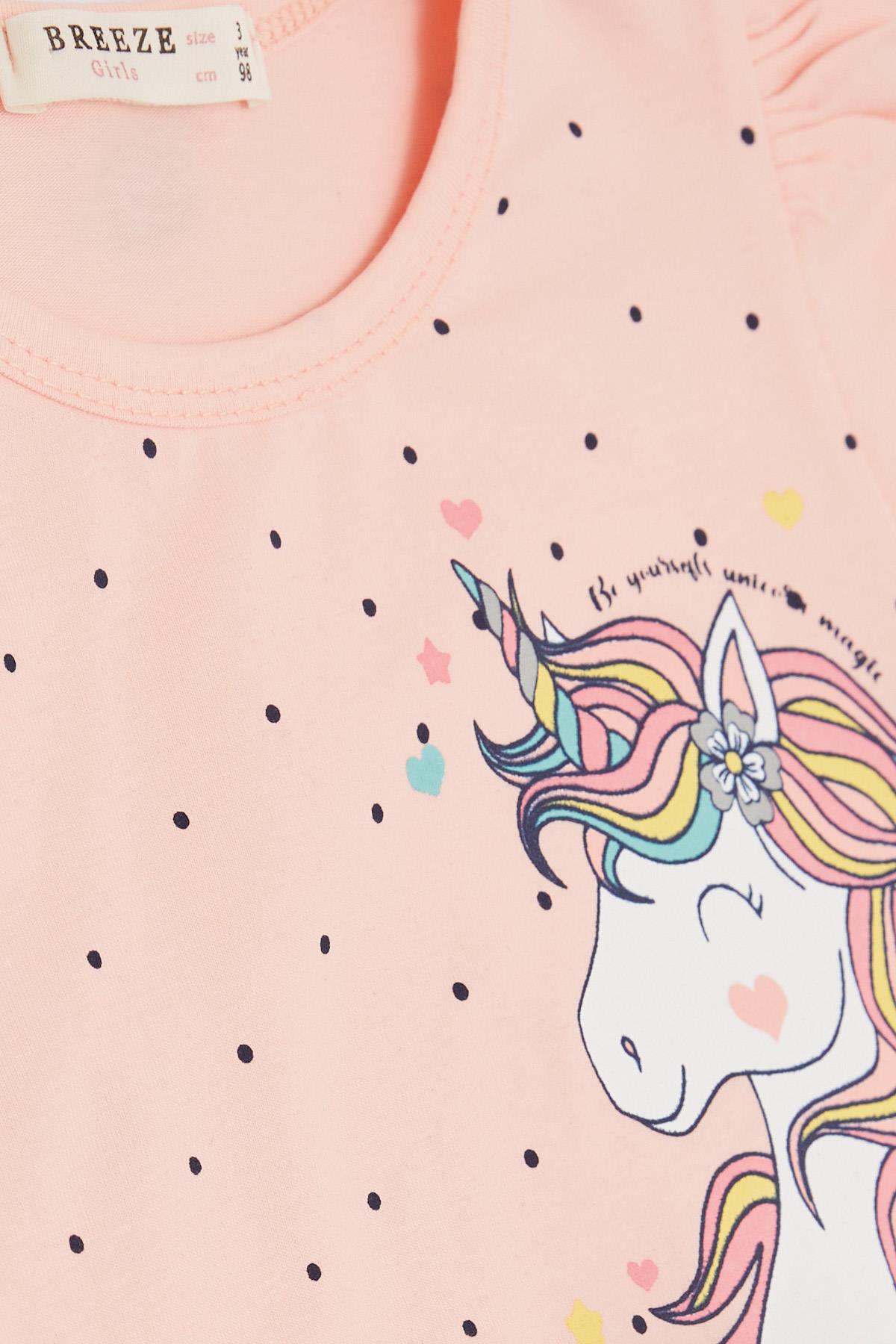 Breeze Kız Çocuk Elbise Unicorn Baskılı Tüllü Fiyonklu Somon (3-8 Yaş)
