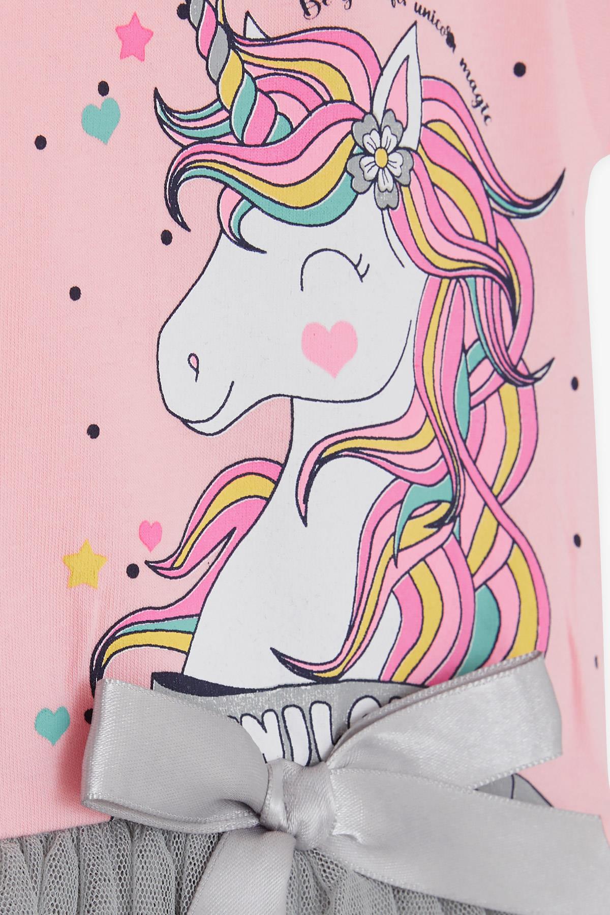 Breeze Kız Çocuk Elbise Unicorn Baskılı Tüllü Fiyonklu Pembe (3-6 Yaş)