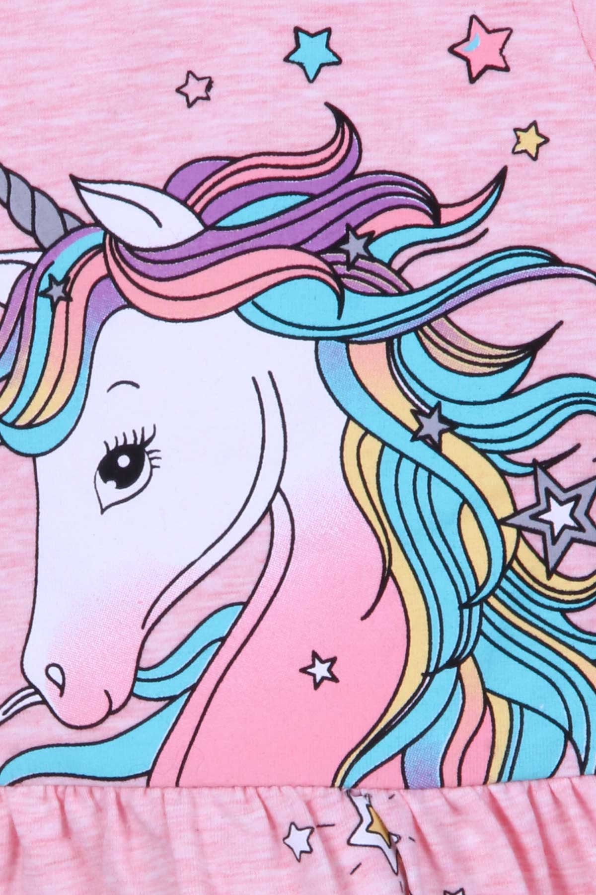 Breeze Kız Çocuk Elbise Unicorn Baskılı Somon Melanj (3-8 Yaş)